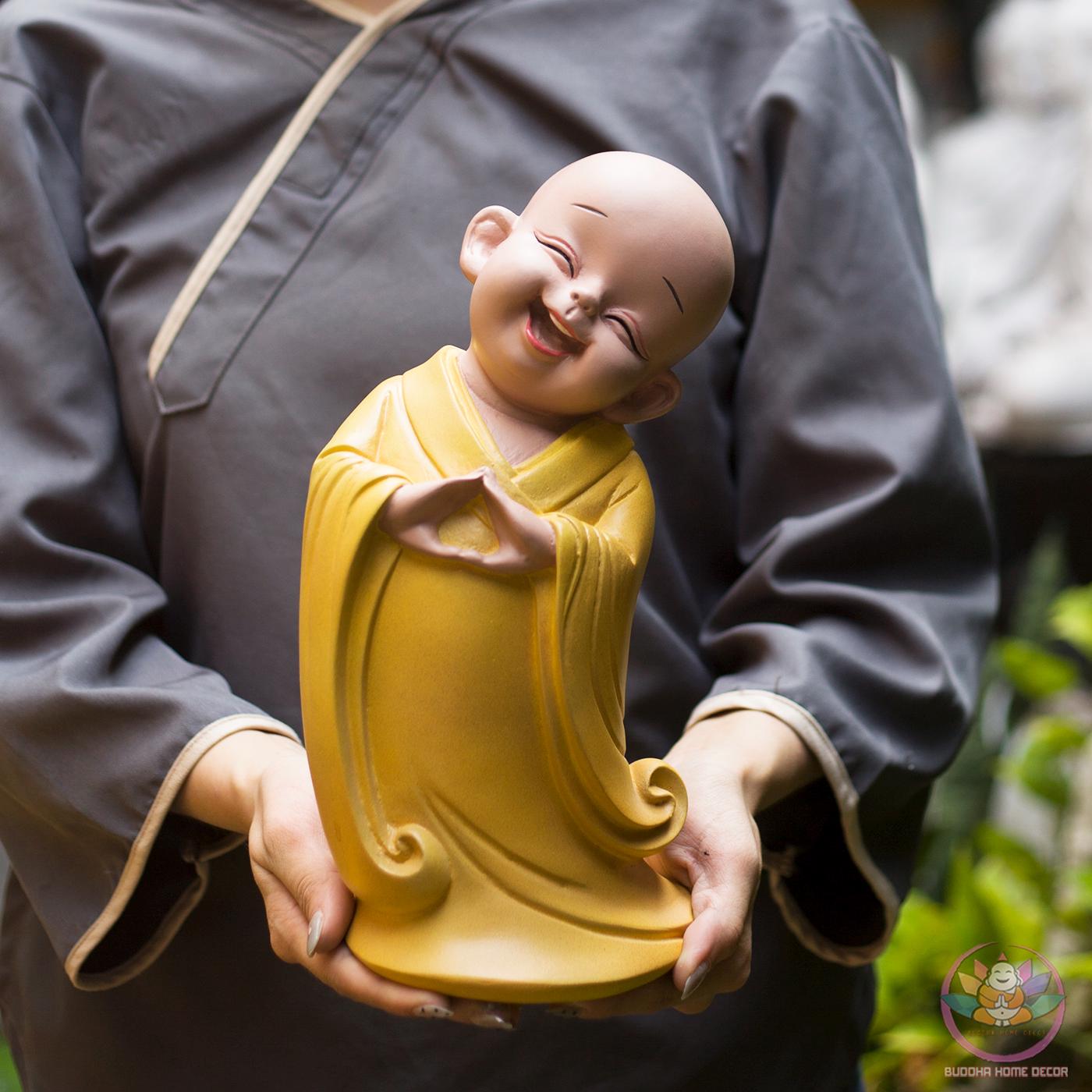 Happy Little Monk Statue – 11.8 inch | Zen Buddha Decor | Resin Stone Composite Sculpture