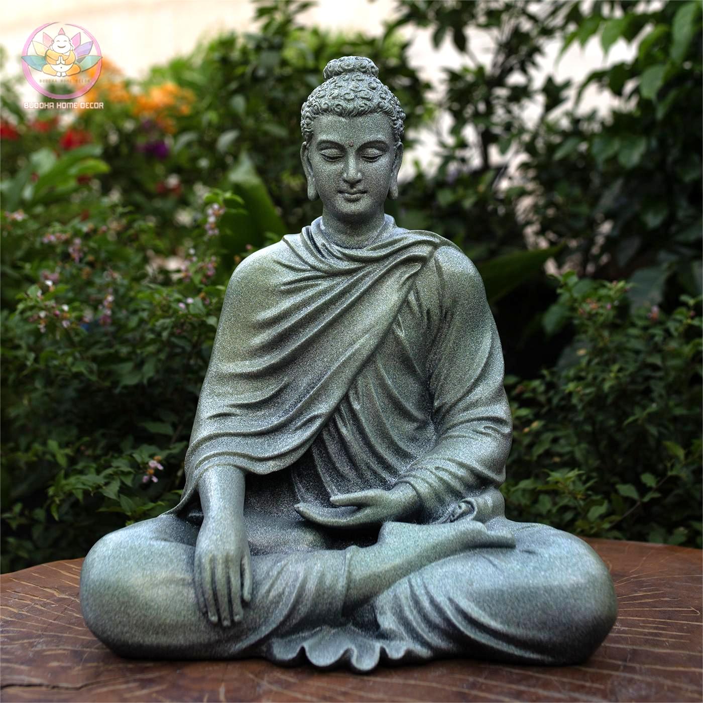Granite-Look Buddha Statue – 14.6" (37cm) Shakyamuni in Earth-Touching Mudra | Resin Stone Meditation Sculpture | Handmade in Vietnam