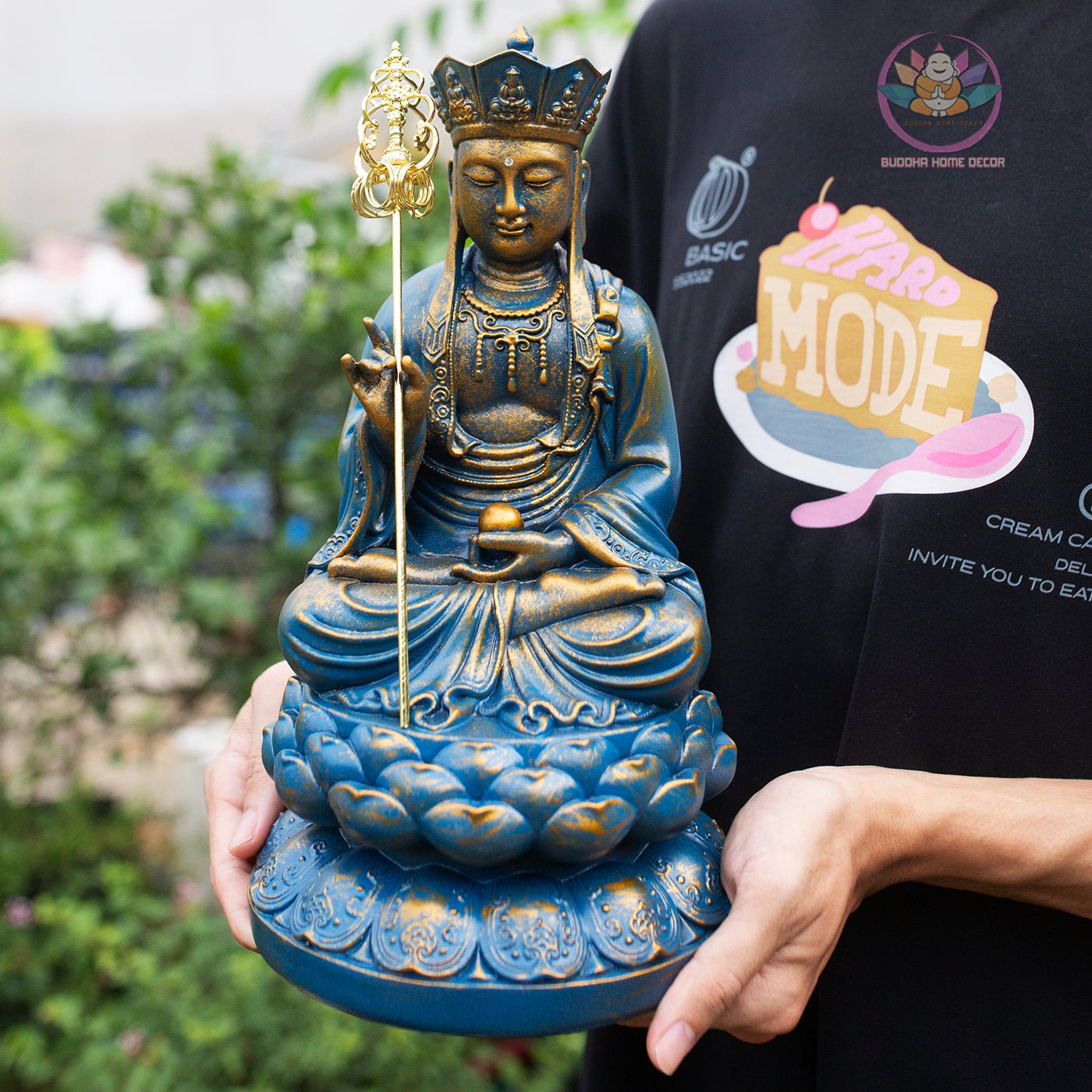 Ksitigarbha Bodhisattva Statue 11.8" – Blue Gold Finish Jizo on Lotus Pedestal