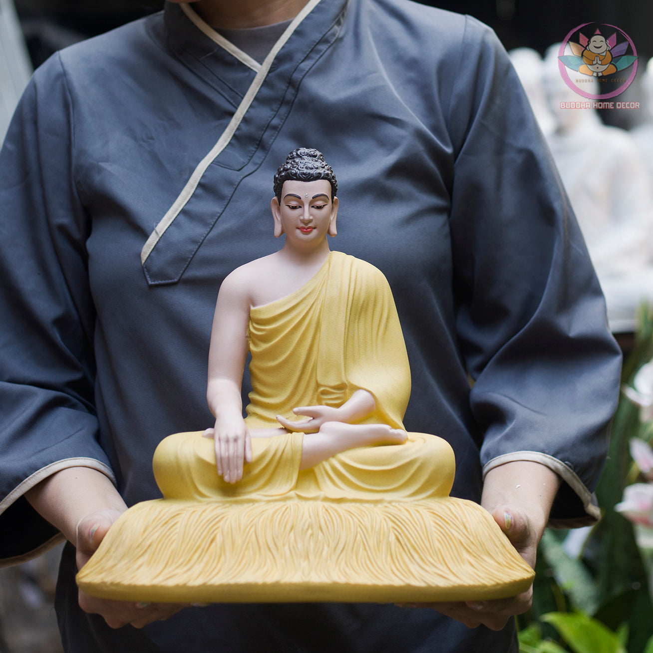 Yellow Robe Shakyamuni Buddha Statue – 11.8" Resin Sculpture on Lotus Base | Serene Meditation Decor & Spiritual Gift