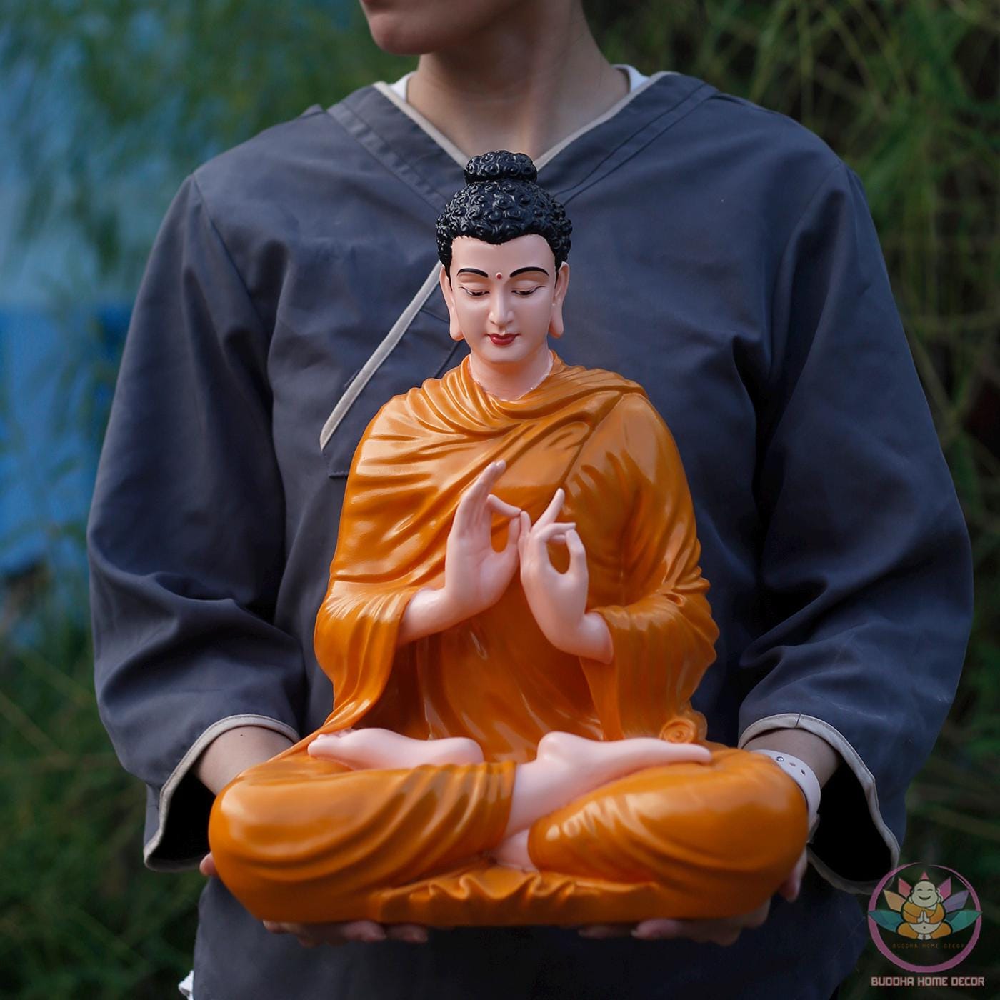 14.6 inches Shakyamuni Buddha Statue in Golden Robe – Seated in Dharmachakra Mudra - Zen Home Altar Decor, Spiritual Room Decoration