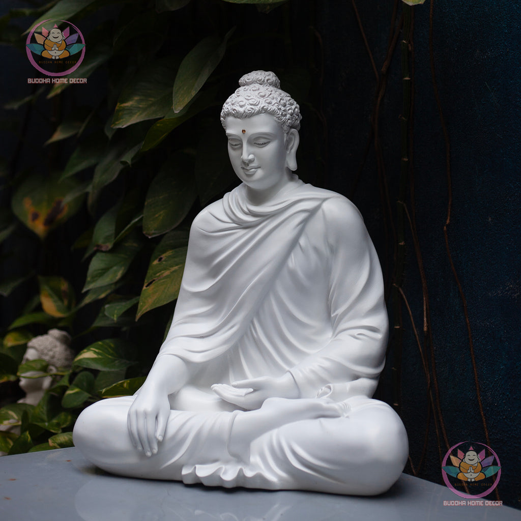 SALE – Large White Buddha Statue 50cm | Meditating Shakyamuni Buddha | Resin & Stone Powder