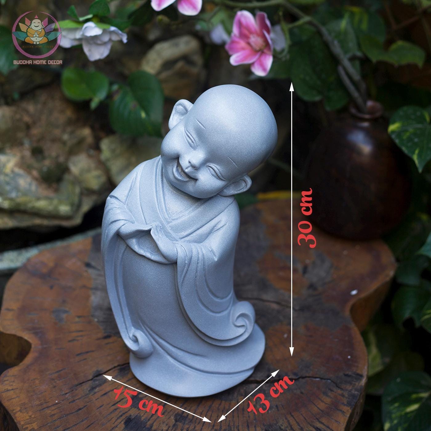 Happy Little Monk Statue – 11.8 inch | Zen Buddha Decor | Resin Stone Composite Sculpture