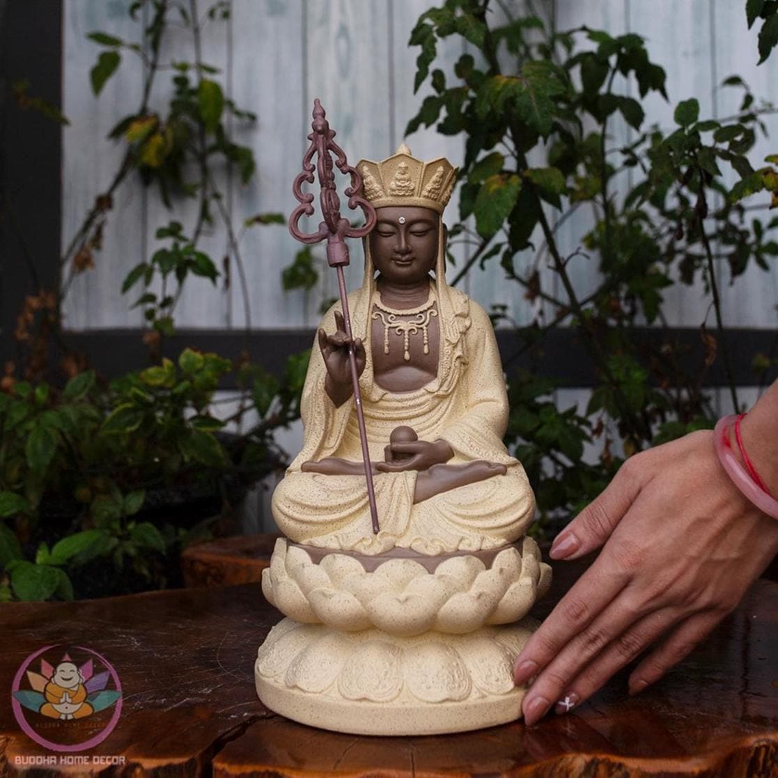 11.8 inches Ksitigarbha Bodhisattva Statue – Seated on Lotus, Stone-Finished, Buddhist Home Decor, Dharma Protector Sculpture