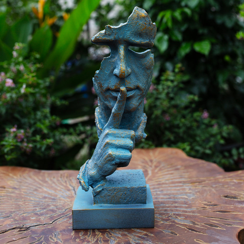 Abstract Silence Face Sculpture: Blue & Gold Resin Modern Art
