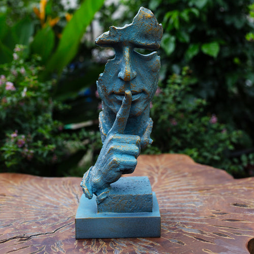 Abstract Silence Face Sculpture: Blue & Gold Resin Modern Art