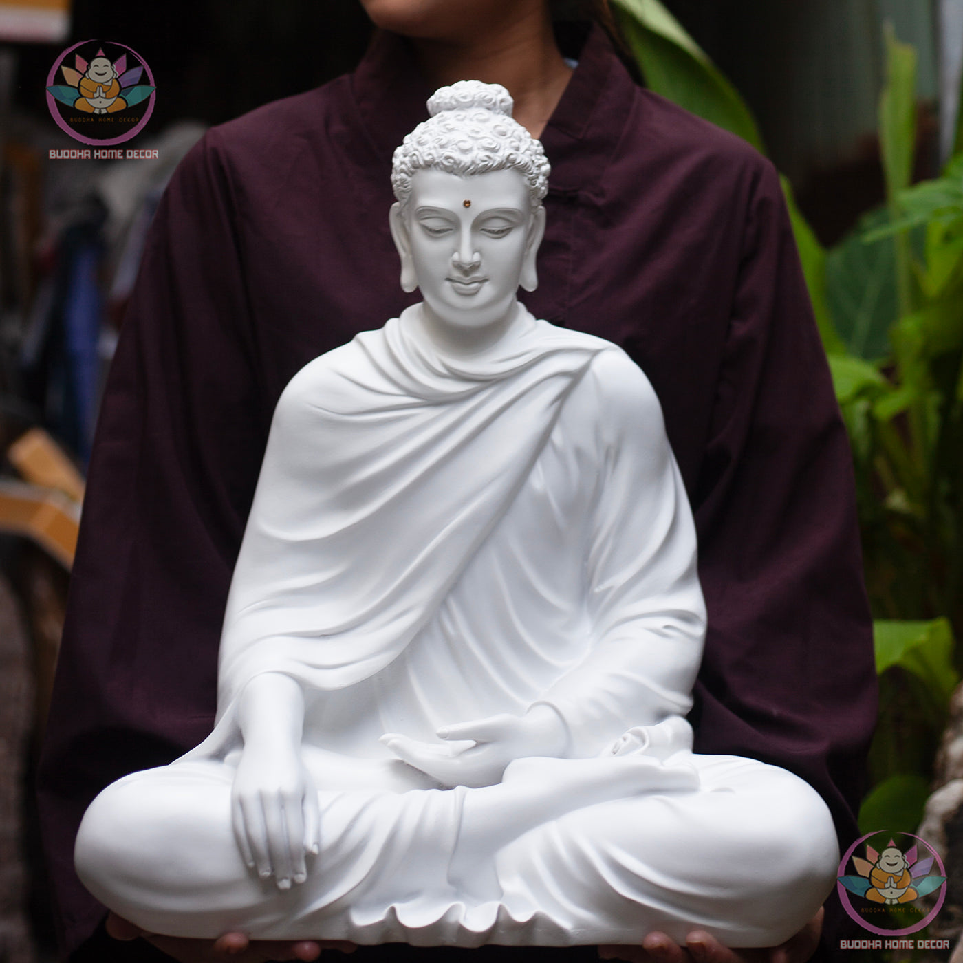 Large White Buddha Statue 19.7" (50cm) | Meditating Shakyamuni Buddha | Resin & Stone Powder