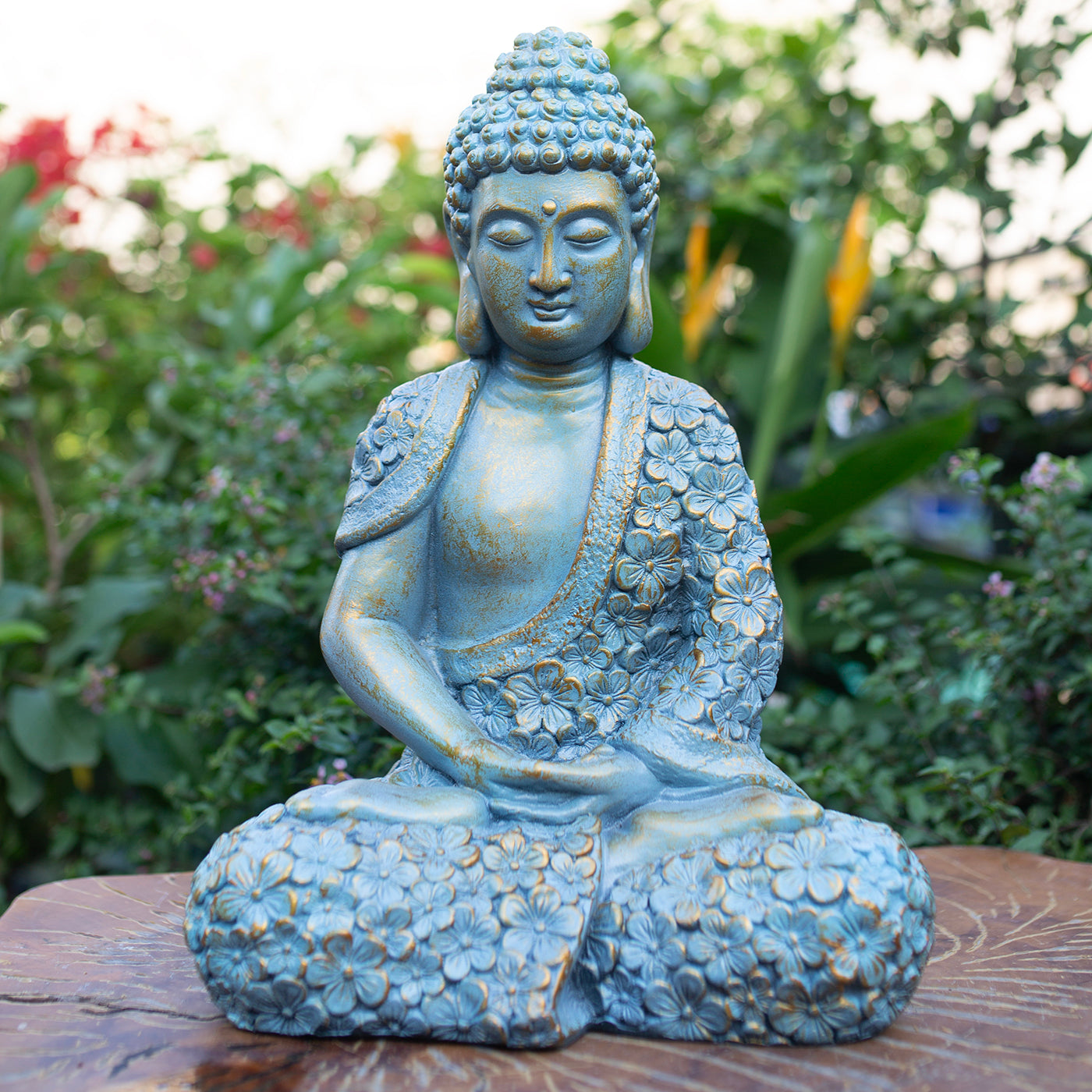 Zen Garden Buddha Statue – Floral Robe Meditating Buddha for Outdoor or Indoor Decor