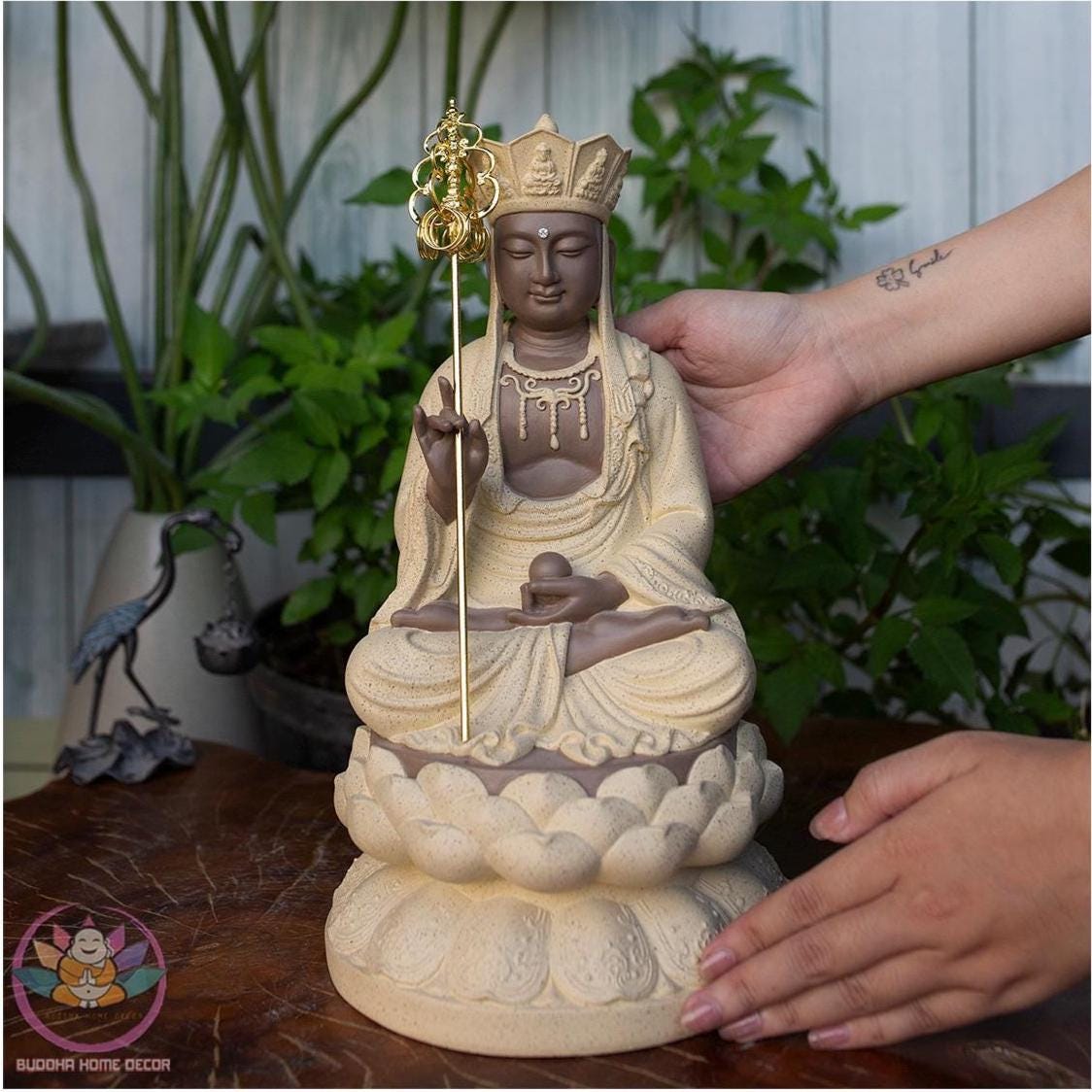 11.8 inches Ksitigarbha Bodhisattva Statue – Seated on Lotus, Stone-Finished, Buddhist Home Decor, Dharma Protector Sculpture
