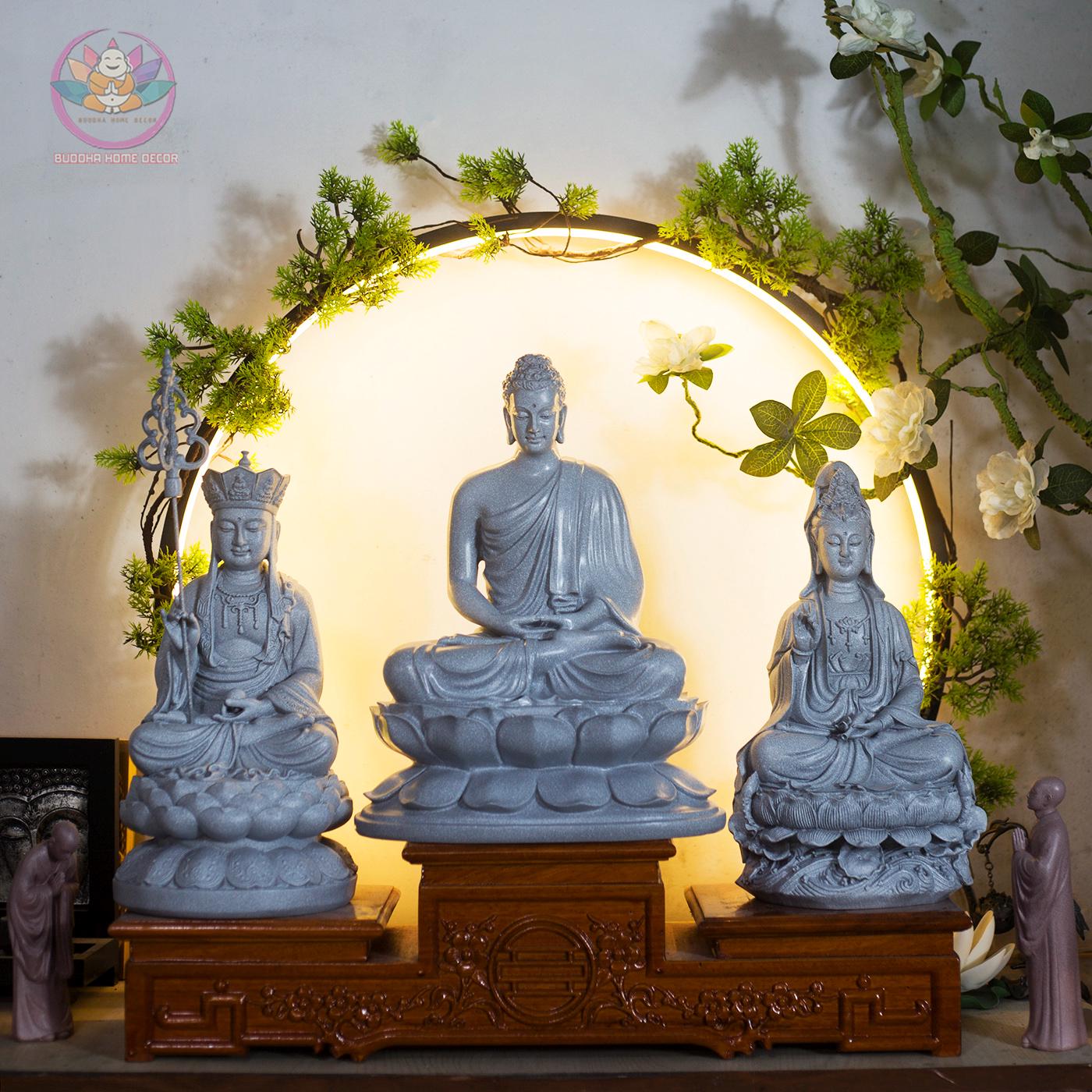 Buddhist Enlightened Trinity Statue Set – Shakyamuni Buddha, Ksitigarbha, and Avalokiteshvara – Stone Finish, 3 Piece Zen Sculpture Set