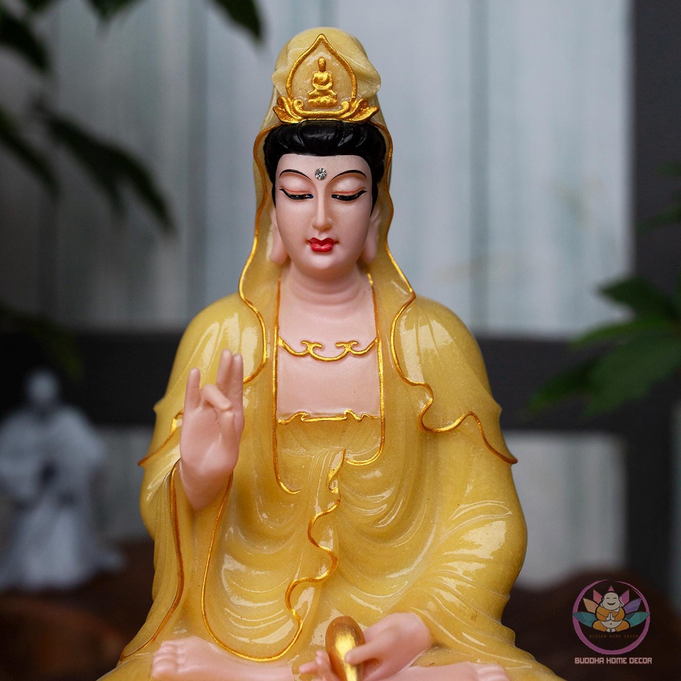 Amitabha Buddha, Avalokiteshvara & Kṣitigarbha Bodhisattva Statue Set – Premium Yellow Quartz Stone Powder (12.6 inches)