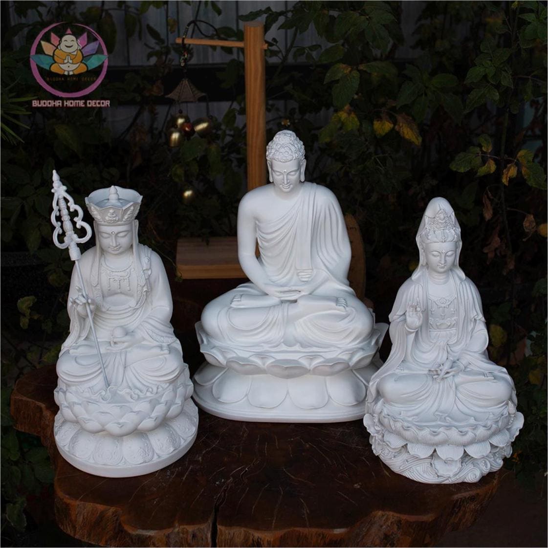 Buddhist Enlightened Trinity Statue Set – Shakyamuni Buddha, Ksitigarbha, and Avalokiteshvara – Stone Finish, 3 Piece Zen Sculpture Set