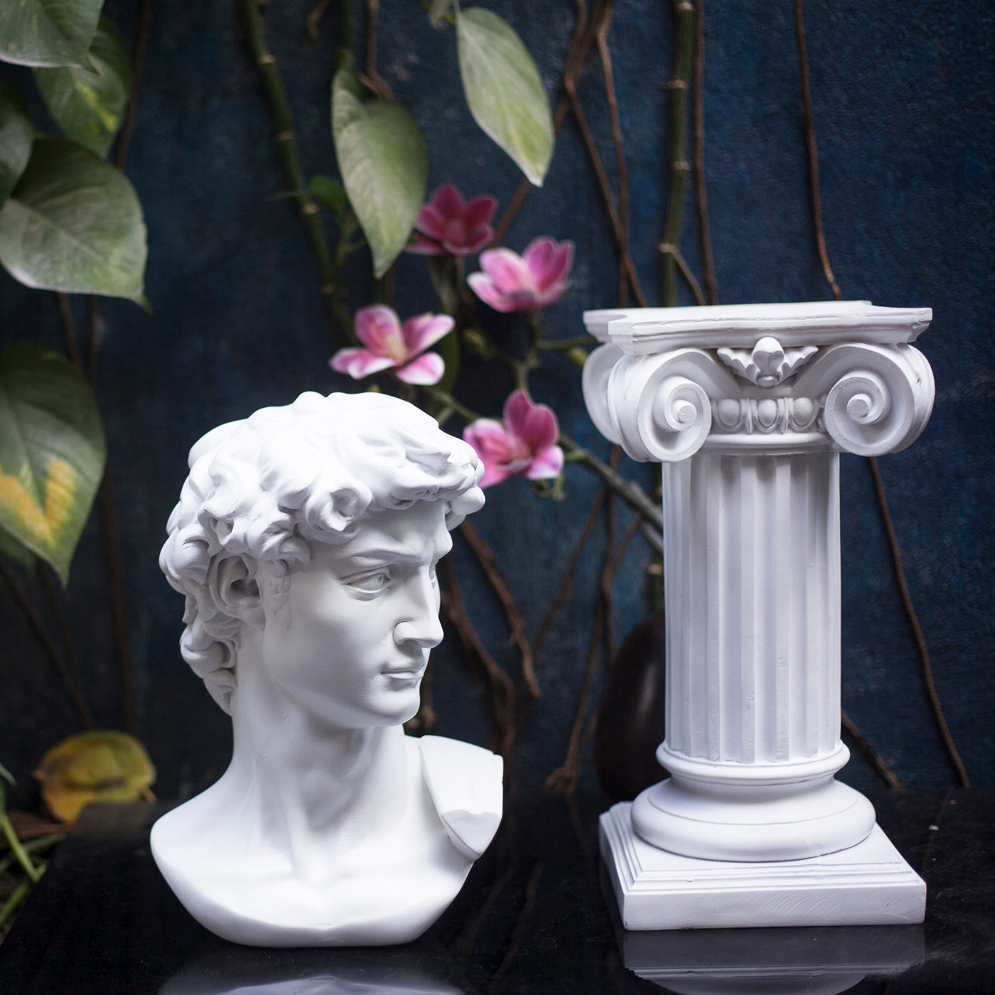 David Bust Sculpture with Greek Column Pedestal – Michelangelo Inspired Plaster Statue – Classical Home Decor – Art Studio Accent