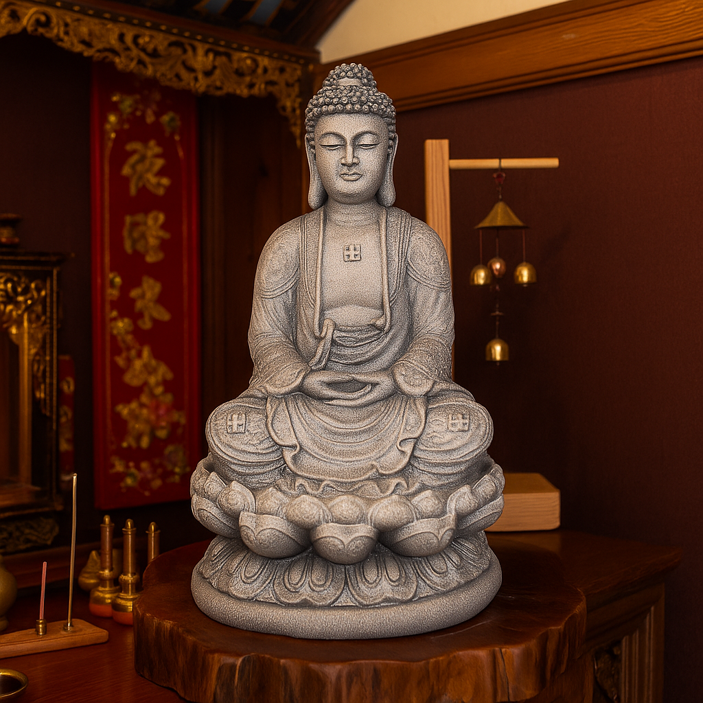 Amitabha Buddha Statue – Gray Stone Finish Resin Sculpture – Zen Meditation Decor, Buddhist Altar Ornament, Spiritual Gift