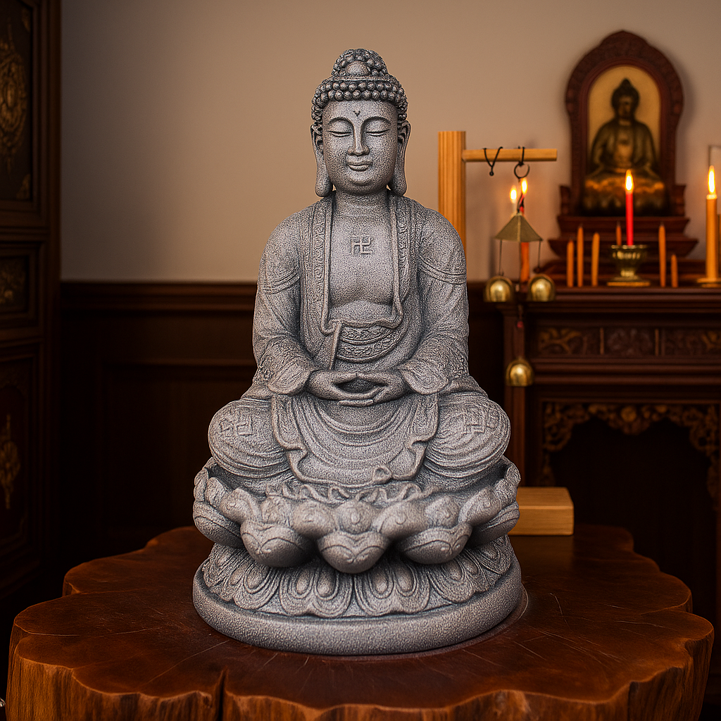 Amitabha Buddha Statue – Gray Stone Finish Resin Sculpture – Zen Meditation Decor, Buddhist Altar Ornament, Spiritual Gift