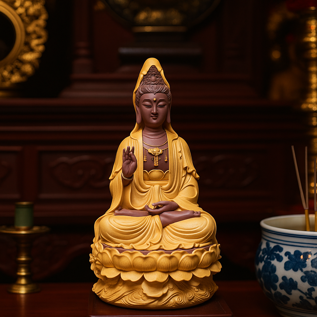 Matte Beige Guanyin Statue 11.8” | Kuan Yin Goddess of Mercy Figurine | Resin Sculpture for Altar, Zen Home, Meditation, Spiritual Gift