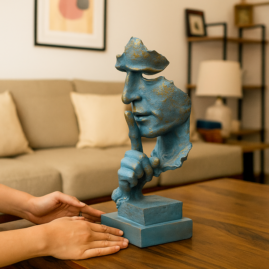 Abstract Silence Face Sculpture: Blue & Gold Resin Modern Art