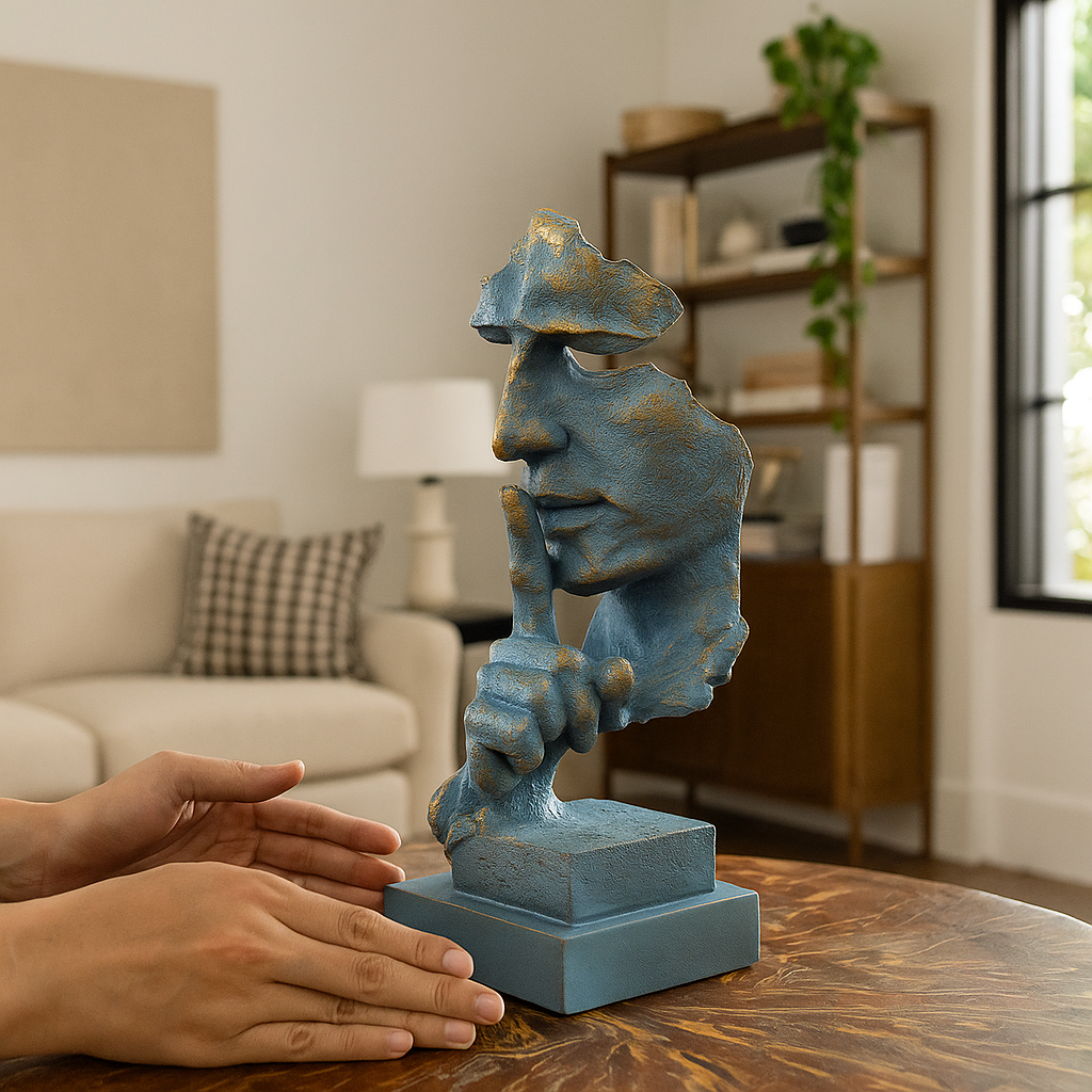 Abstract Silence Face Sculpture: Blue & Gold Resin Modern Art