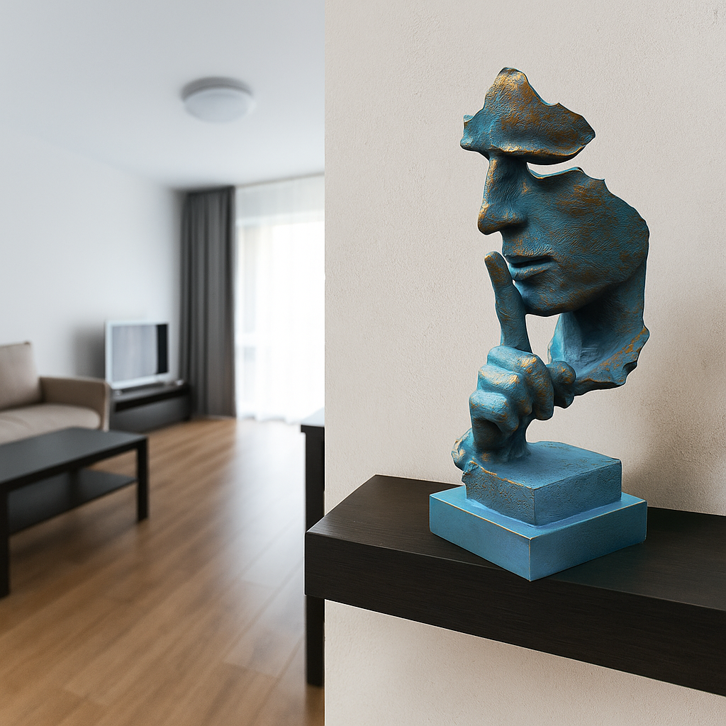 Abstract Silence Face Sculpture: Blue & Gold Resin Modern Art
