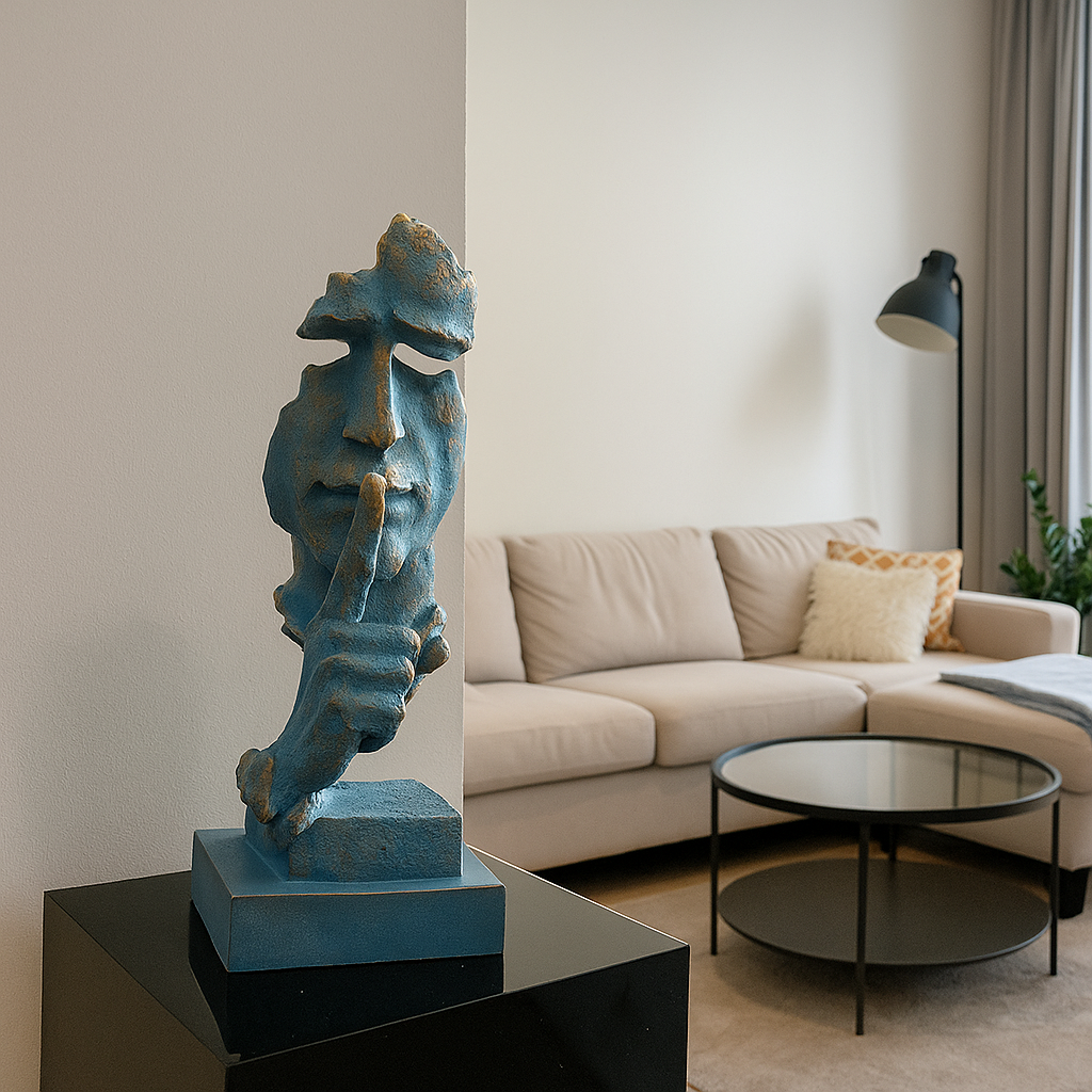 Abstract Silence Face Sculpture: Blue & Gold Resin Modern Art