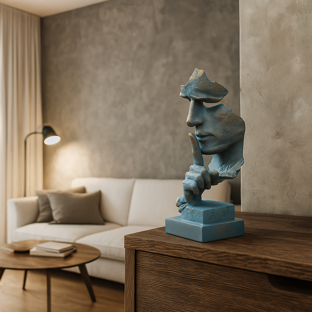 Abstract Silence Face Sculpture: Blue & Gold Resin Modern Art
