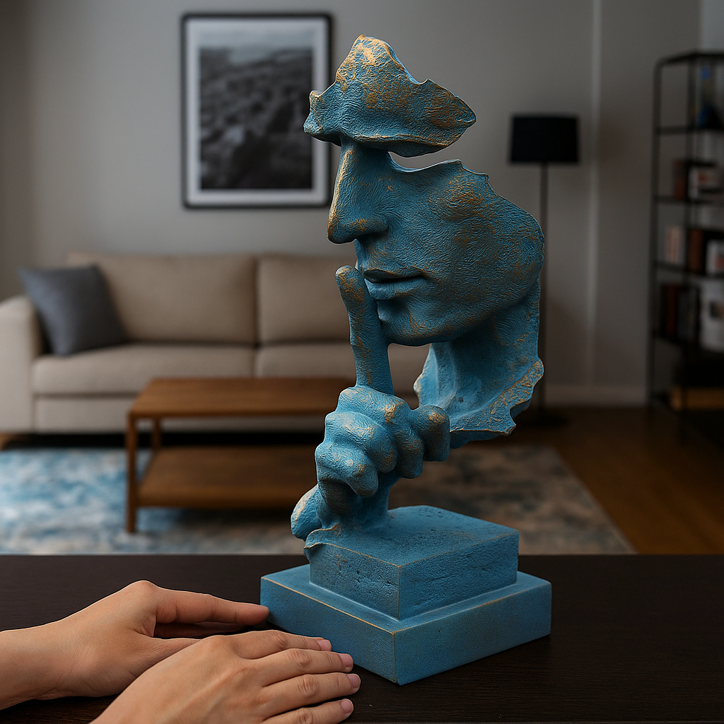 Abstract Silence Face Sculpture: Blue & Gold Resin Modern Art