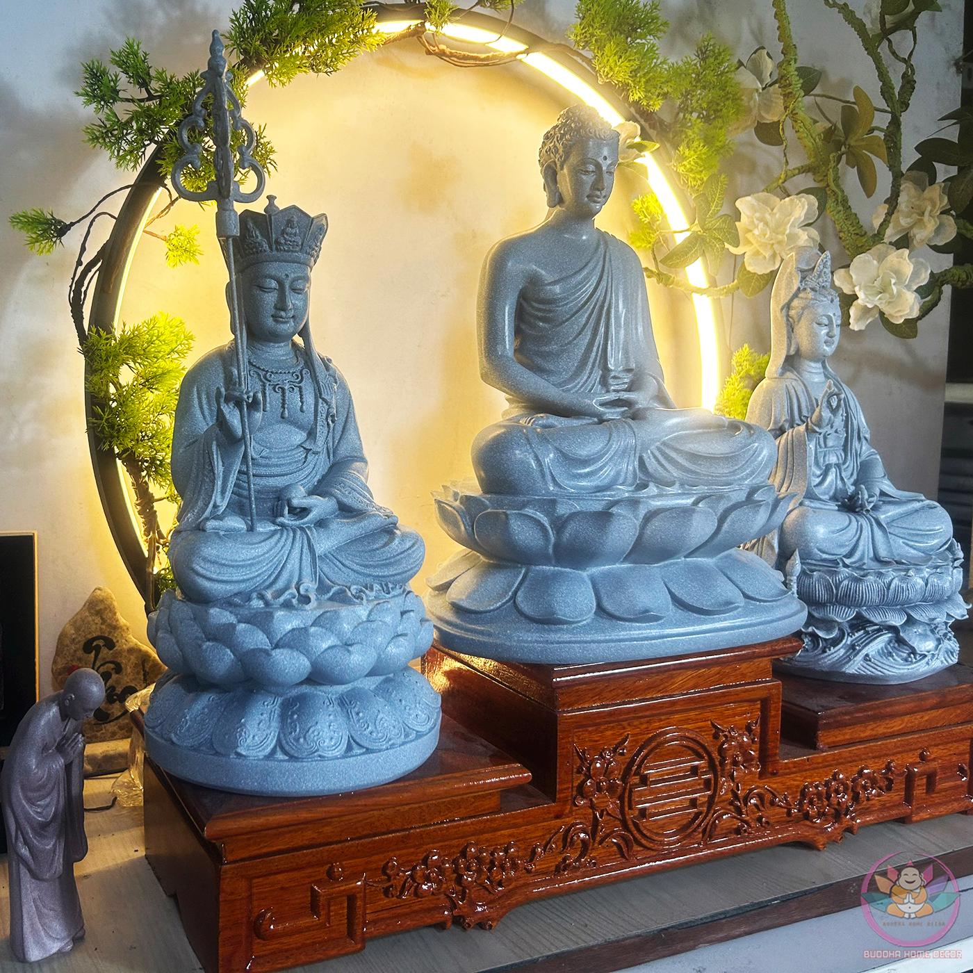 Buddhist Enlightened Trinity Statue Set – Shakyamuni Buddha, Ksitigarbha, and Avalokiteshvara – Stone Finish, 3 Piece Zen Sculpture Set