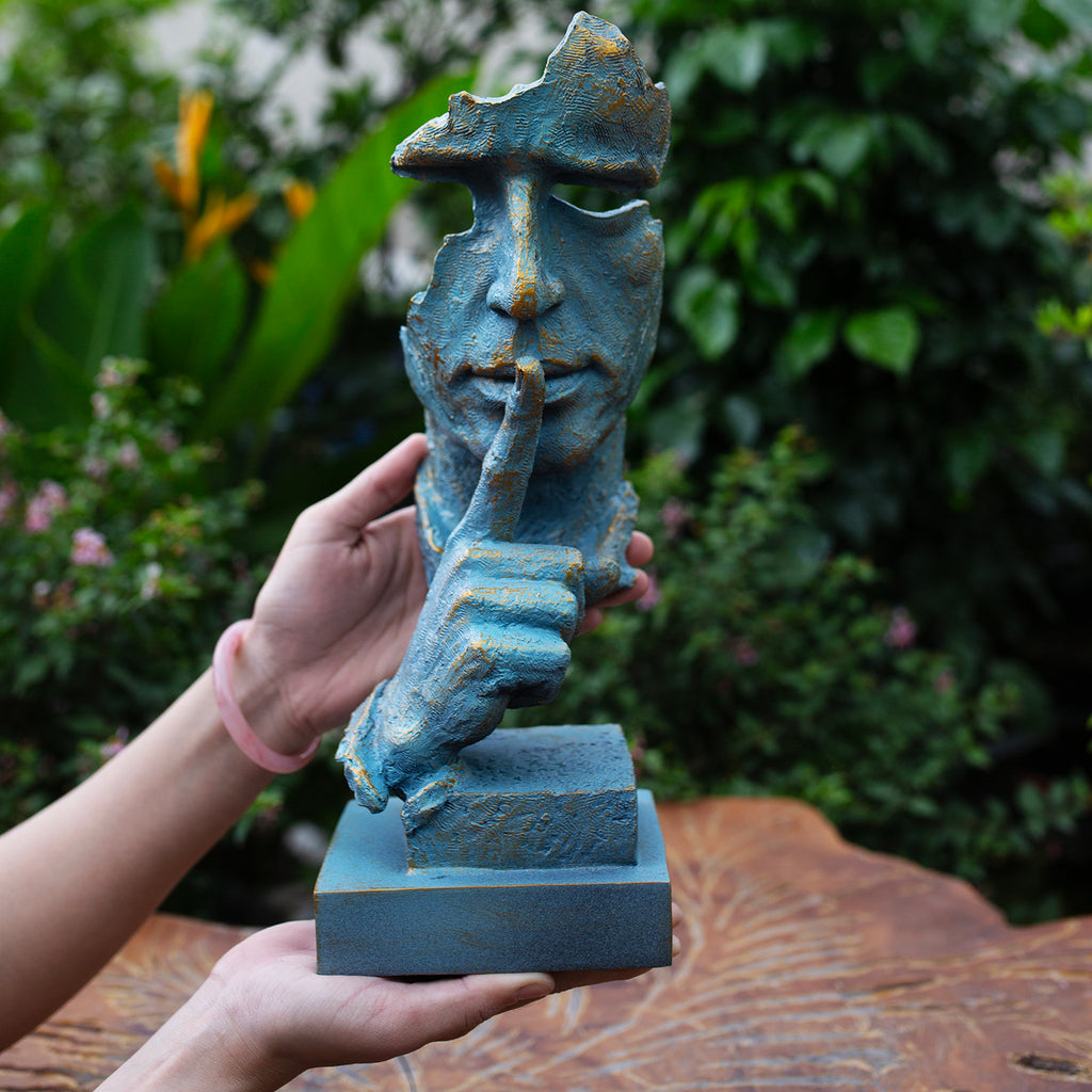 Abstract Silence Face Sculpture: Blue & Gold Resin Modern Art