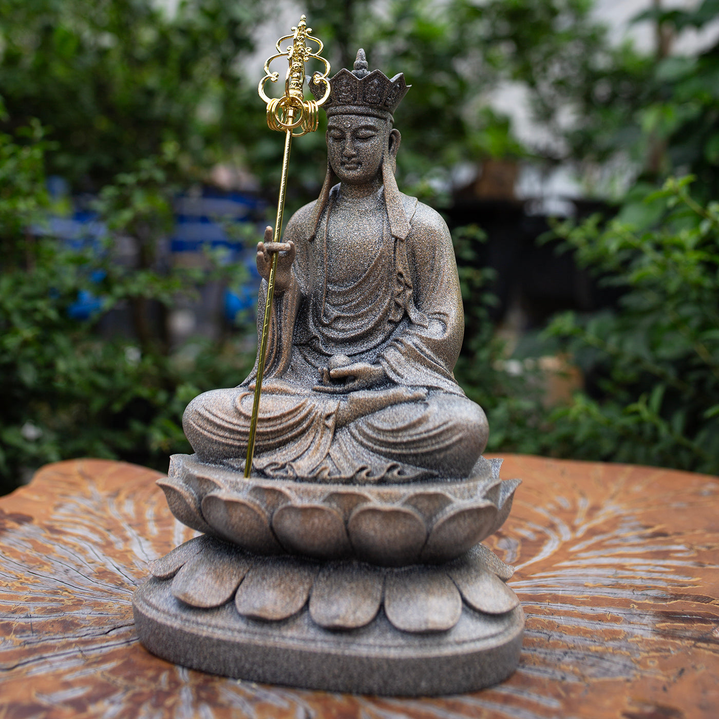 Buddha Trio Statue Set – Shakyamuni (32 cm), Ksitigarbha & Guanyin (30 cm) – Antique Stone Finish
