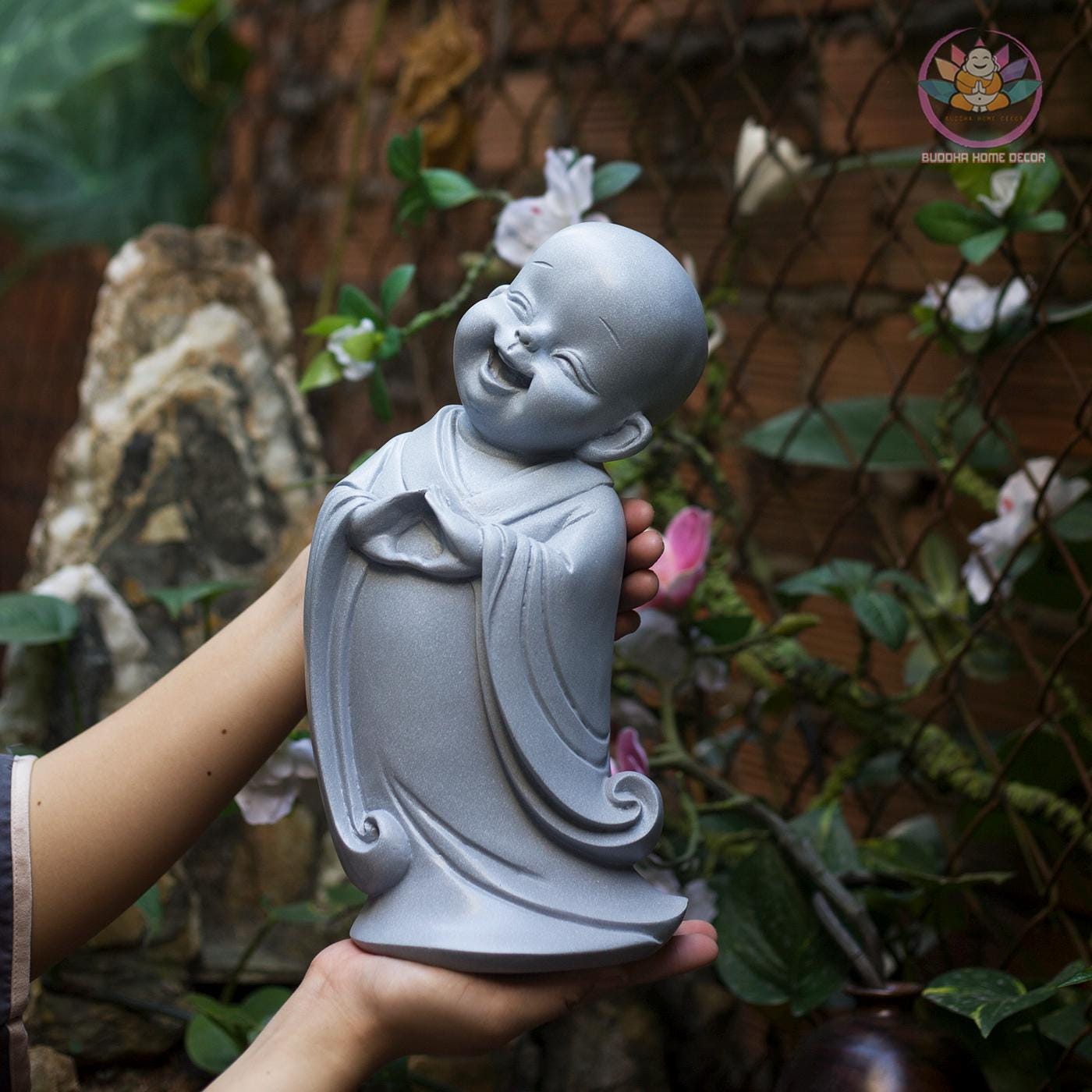 Happy Little Monk Statue – 11.8 inch | Zen Buddha Decor | Resin Stone Composite Sculpture