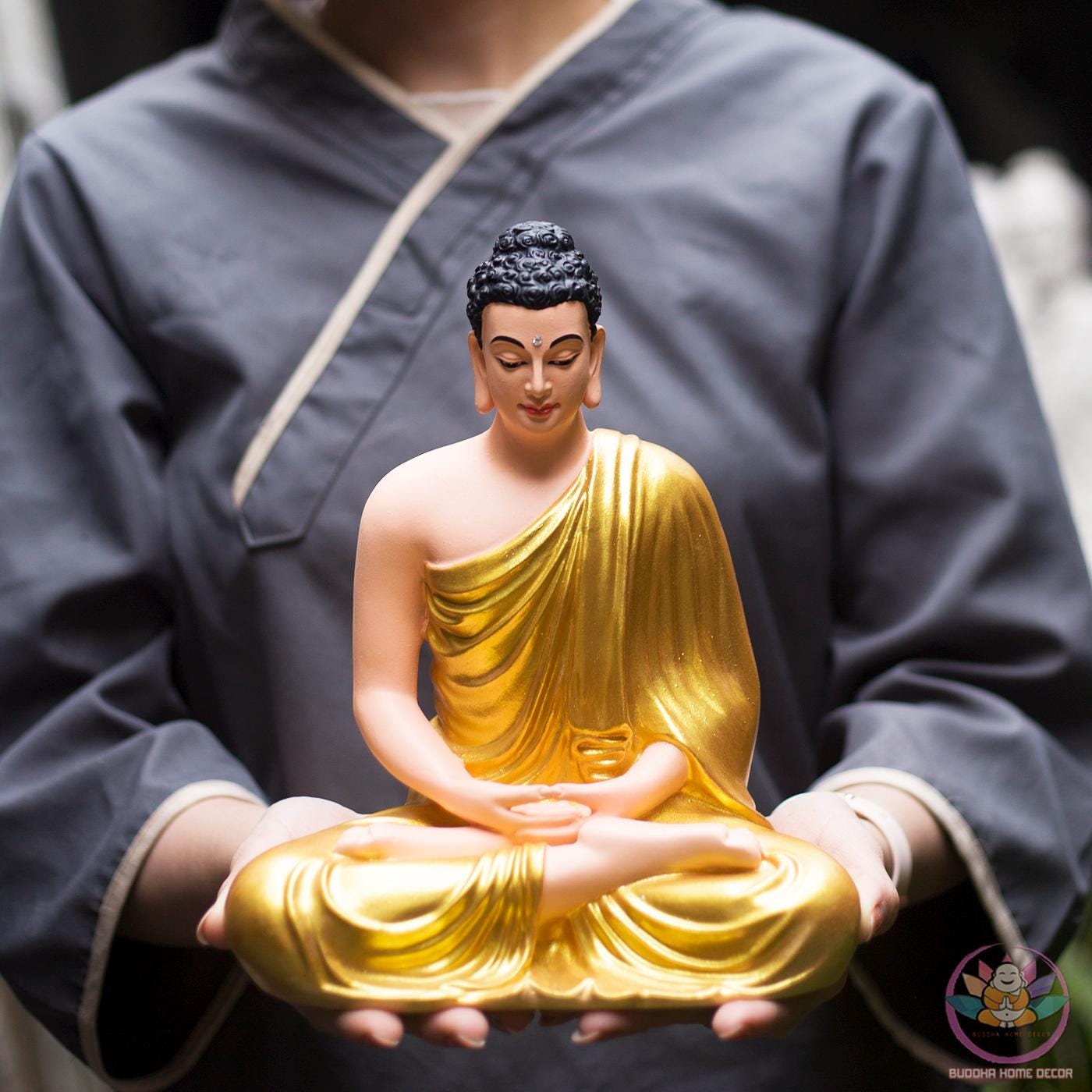 9.4-inch Buddha Statue in Meditation Pose—Yellow Robe Resin Sculpture for Zen Home Decor