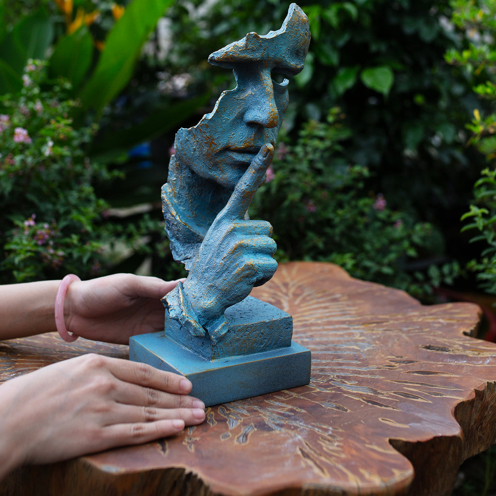 Abstract Silence Face Sculpture: Blue & Gold Resin Modern Art