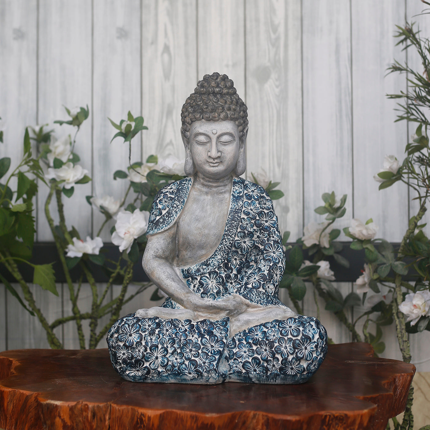 Hand-Painted Buddha Statue – Floral Robe Design | Shakyamuni Sculpture | Artisan Buddhist Decor | Vietnamese Handmade | 3D Printed Base