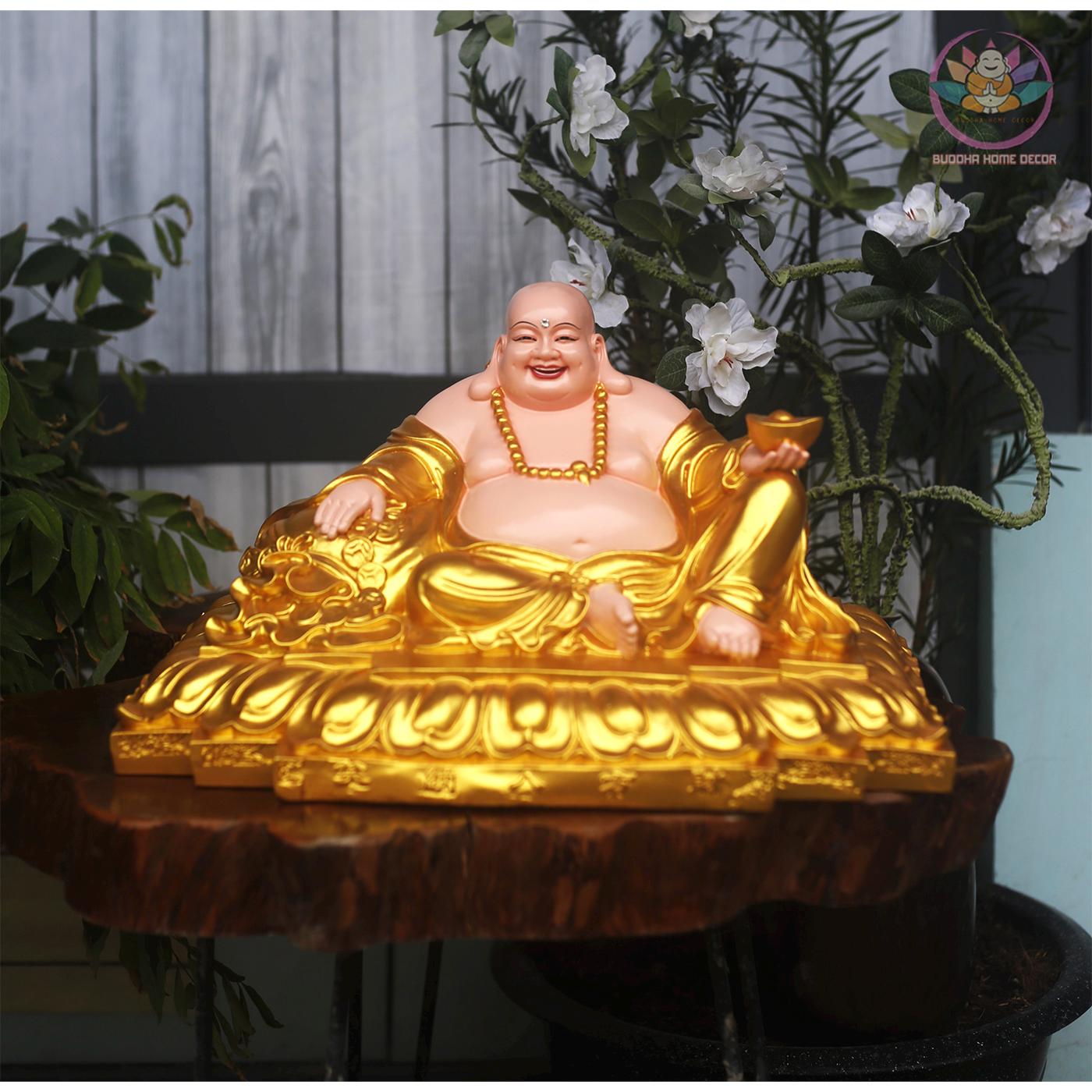 Laughing Buddha Statue – Hotei Buddha of Wealth and Happiness – Golden Resin Sculpture for Home, Office, or Feng Shui Decor