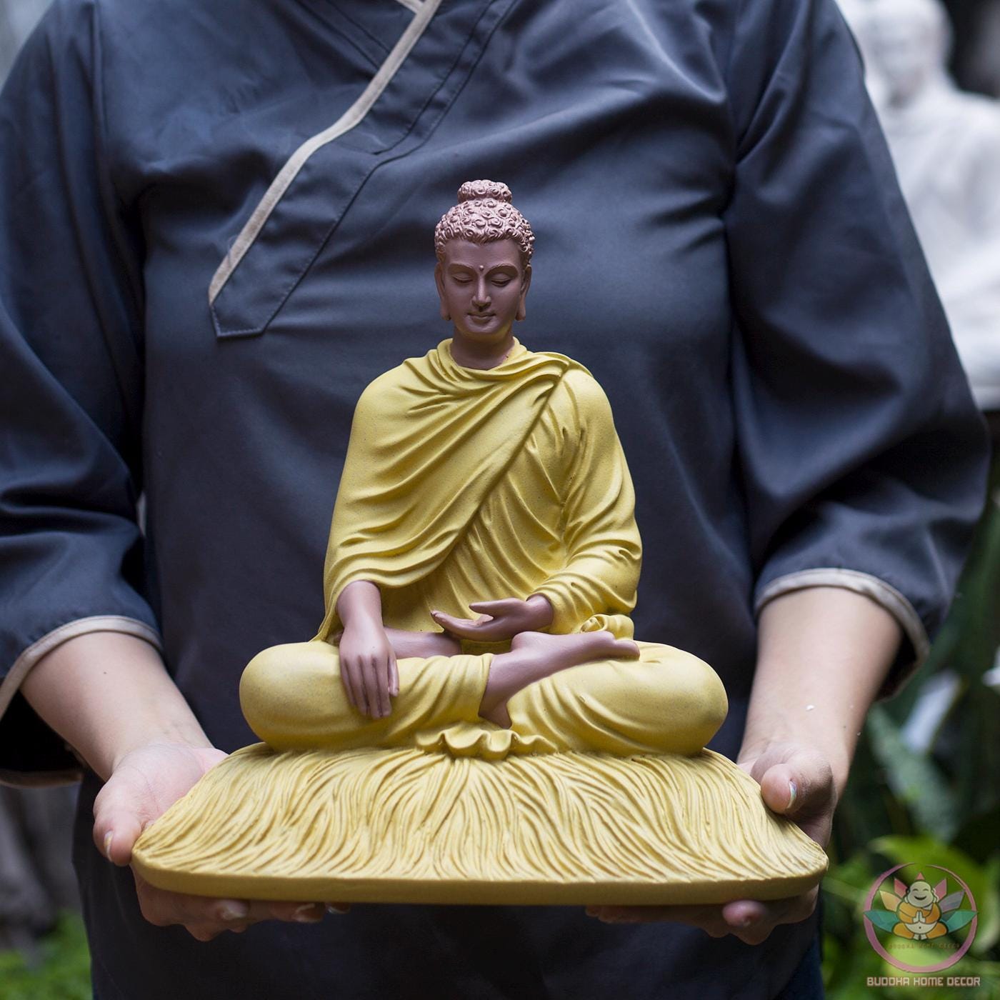 Shakyamuni Buddha Statue – 11.8 inch (30cm) – Seated on Grass Base | Yellow Robe | Mindfulness Decor
