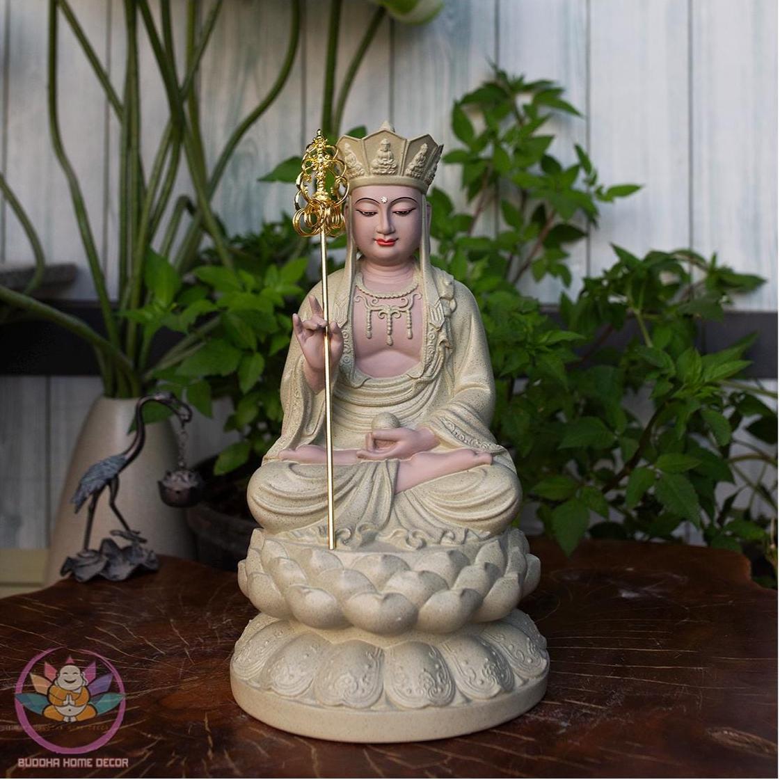 11.8 inches Ksitigarbha Bodhisattva Statue – Seated on Lotus, Stone-Finished, Buddhist Home Decor, Dharma Protector Sculpture