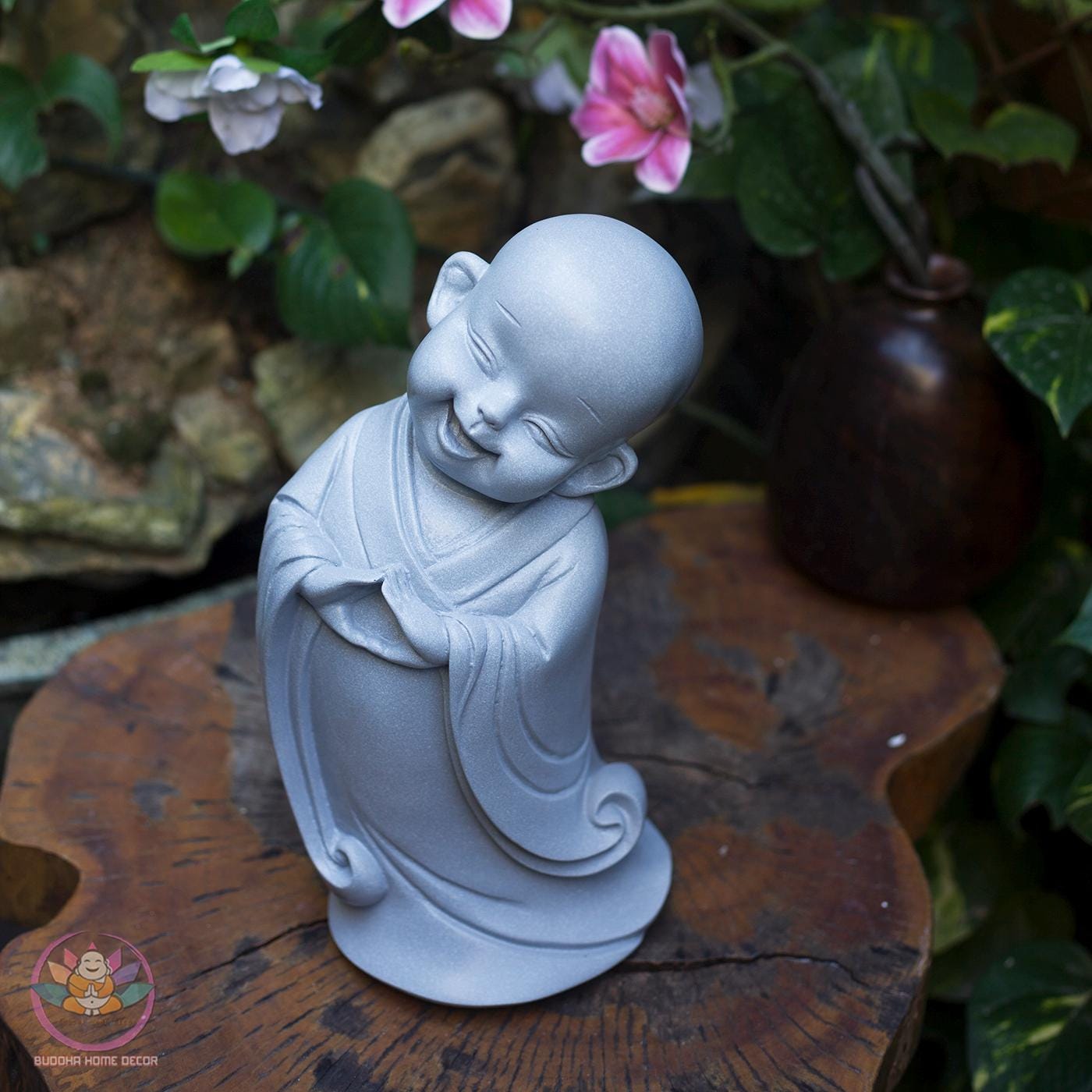 Happy Little Monk Statue – 11.8 inch | Zen Buddha Decor | Resin Stone Composite Sculpture
