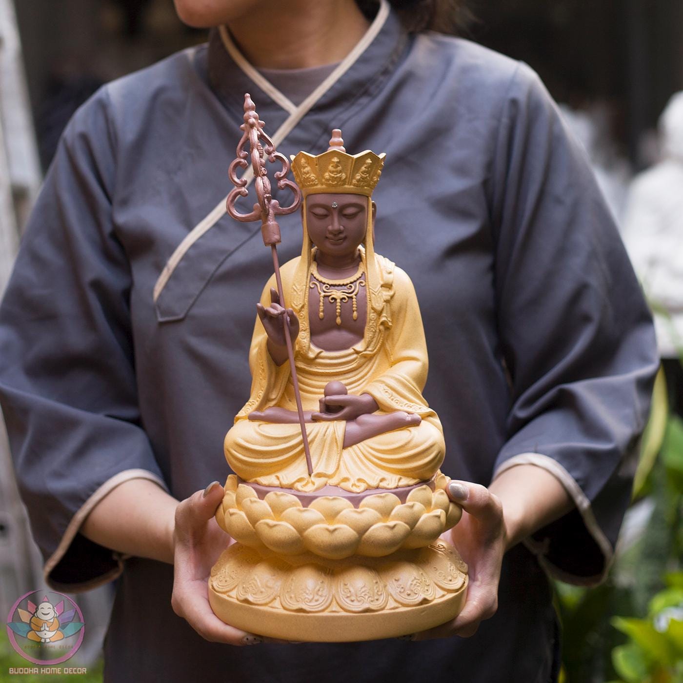 11.8 inches Ksitigarbha Bodhisattva Statue – Seated on Lotus, Stone-Finished, Buddhist Home Decor, Dharma Protector Sculpture