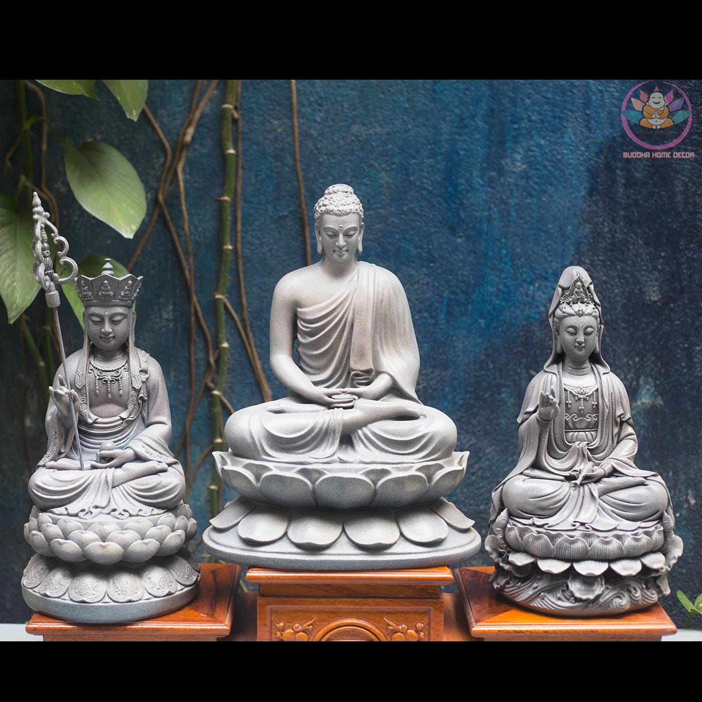 Buddhist Enlightened Trinity Statue Set – Shakyamuni Buddha, Ksitigarbha, and Avalokiteshvara – Stone Finish, 3 Piece Zen Sculpture Set