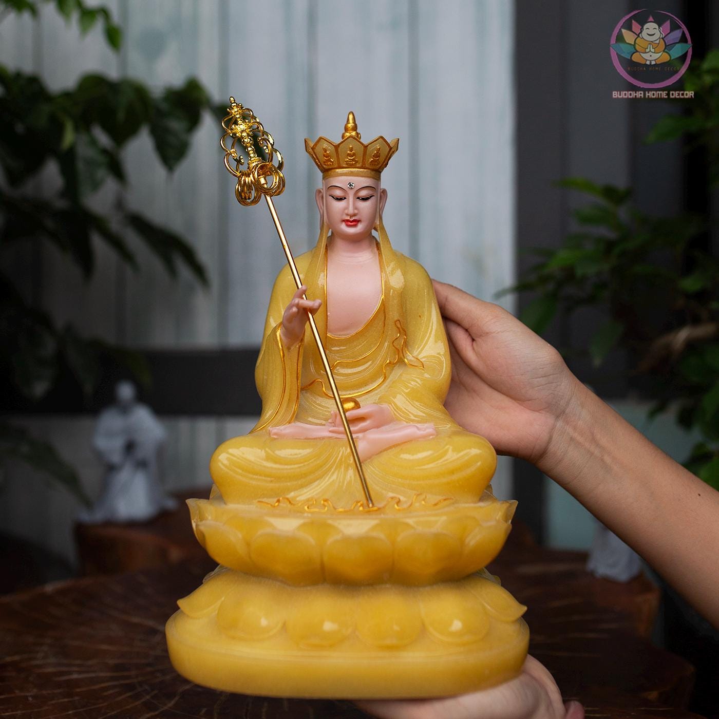 Amitabha Buddha, Avalokiteshvara & Kṣitigarbha Bodhisattva Statue Set – Premium Yellow Quartz Stone Powder (12.6 inches)