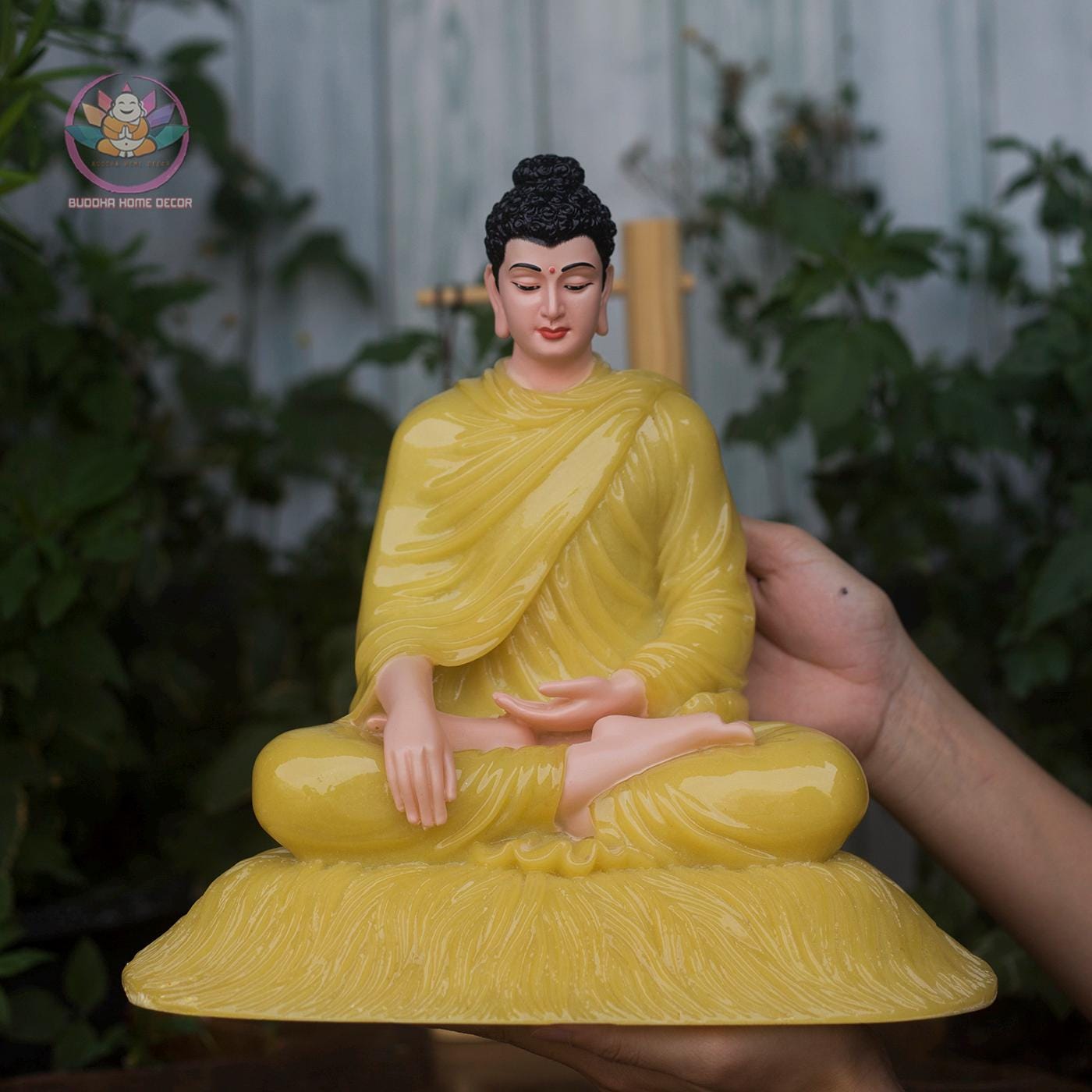 Shakyamuni Buddha Statue – 11.8 inch (30cm) – Seated on Grass Base | Yellow Robe | Mindfulness Decor