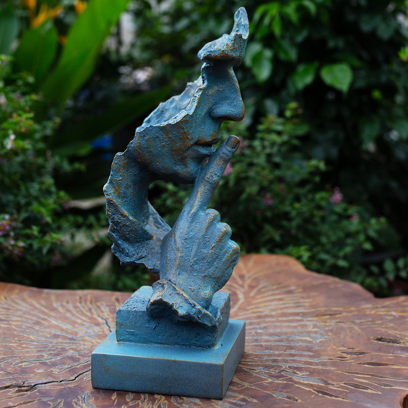 Abstract Silence Face Sculpture: Blue & Gold Resin Modern Art