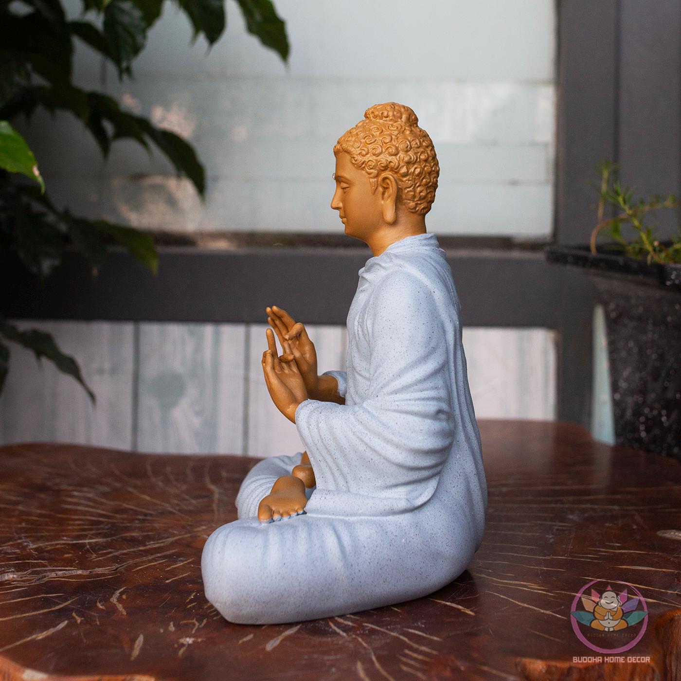 Shakyamuni Buddha Turning the Dharma Wheel Statue – 9.8" Resin Stone Powder – Enlightenment Decor, Buddhist Gift