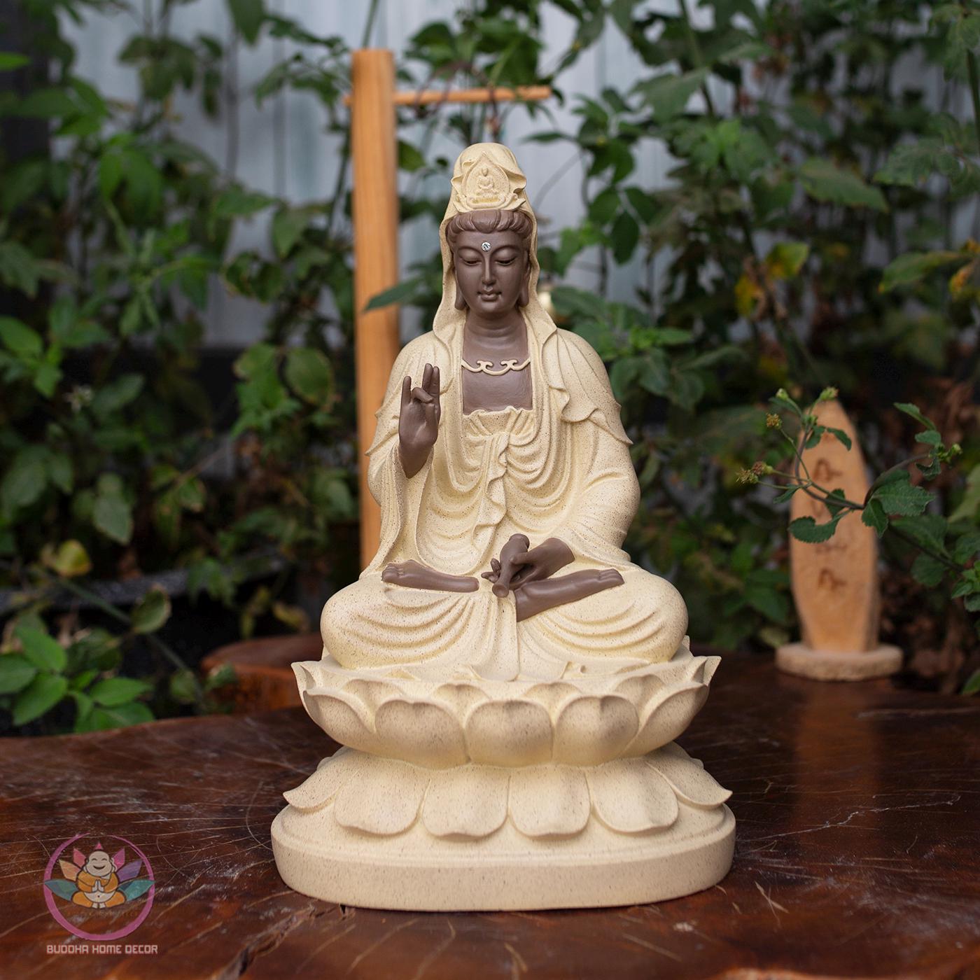 Guanyin Buddha Statue – 11.8 inches (30cm) Resin Stone Powder Sculpture | Compassion Kwan Yin Figurine | Home Altar Decor