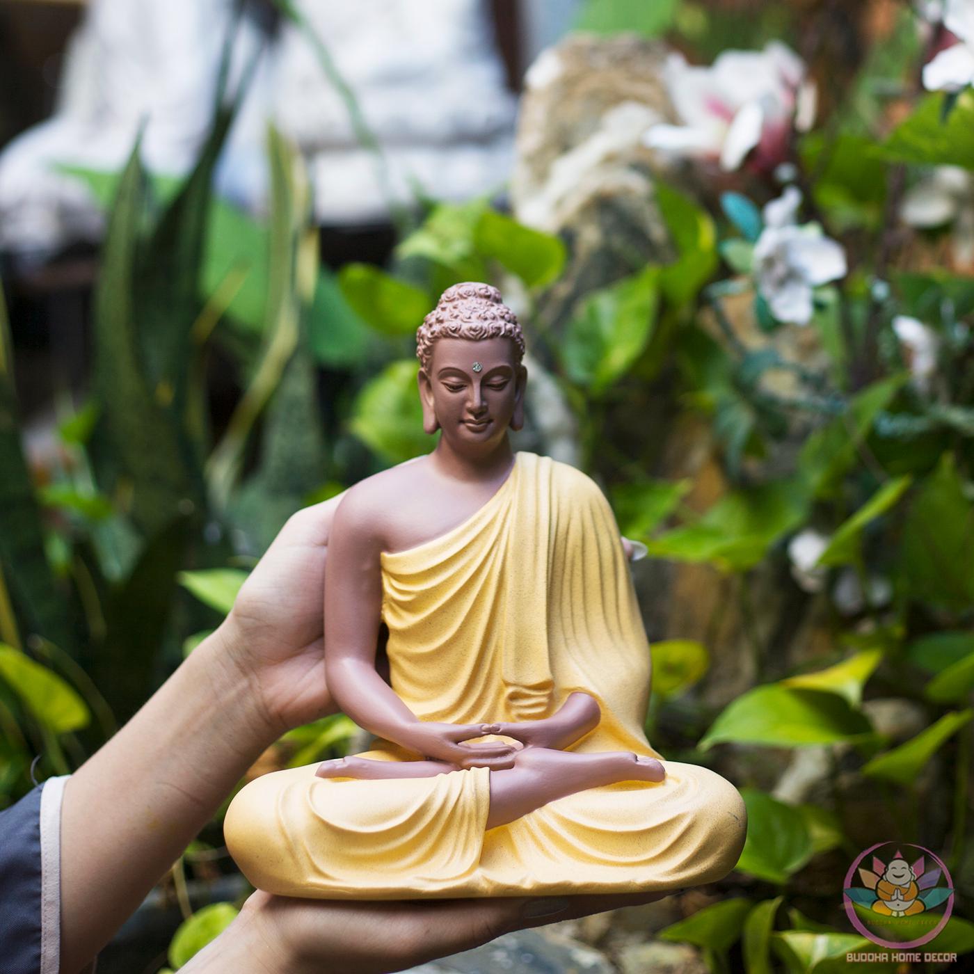 9.4-inch Buddha Statue in Meditation Pose—Yellow Robe Resin Sculpture for Zen Home Decor