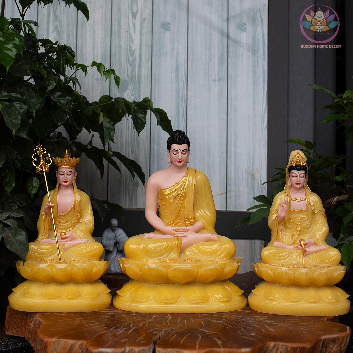 Amitabha Buddha, Avalokiteshvara & Kṣitigarbha Bodhisattva Statue Set – Premium Yellow Quartz Stone Powder (12.6 inches)