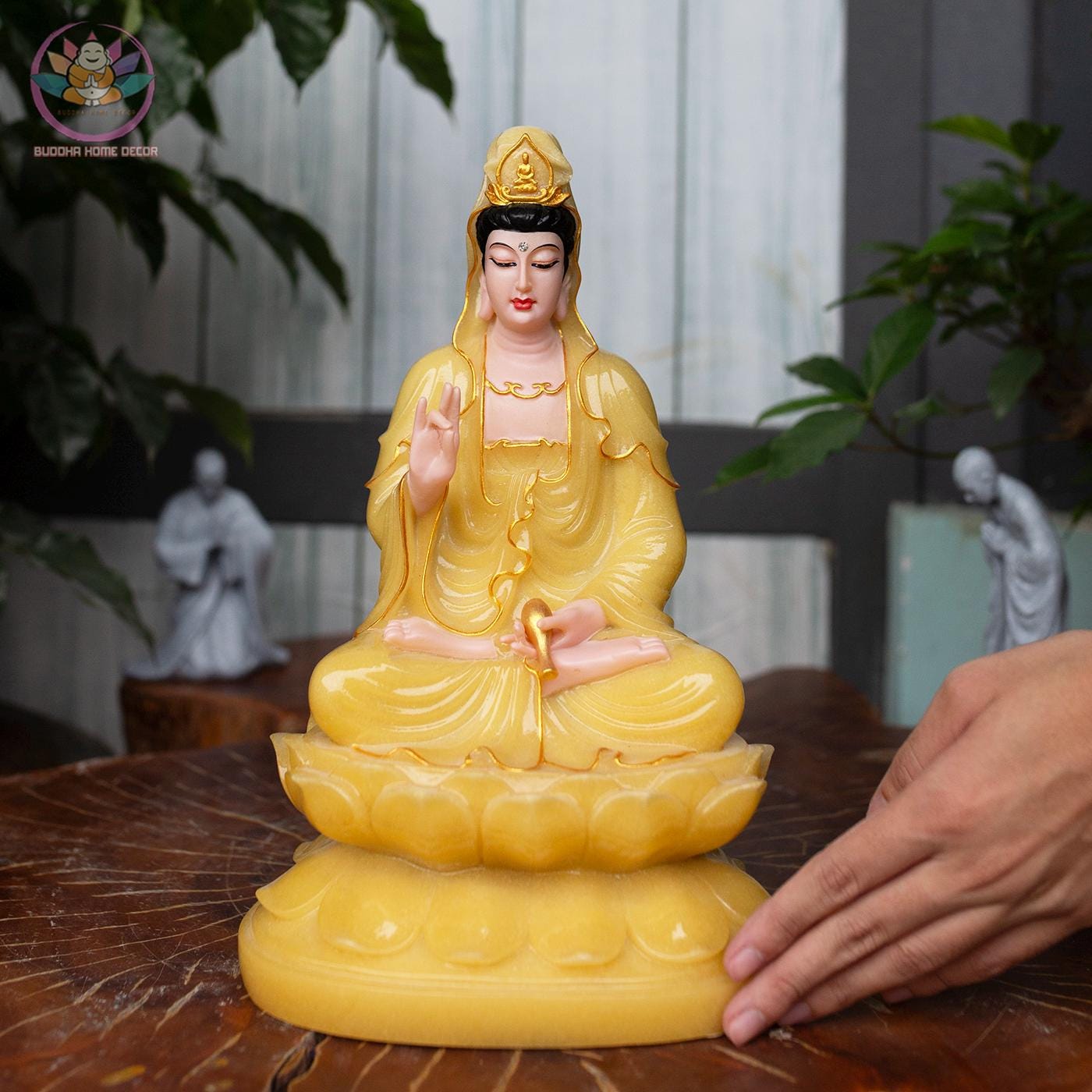 Amitabha Buddha, Avalokiteshvara & Kṣitigarbha Bodhisattva Statue Set – Premium Yellow Quartz Stone Powder (12.6 inches)