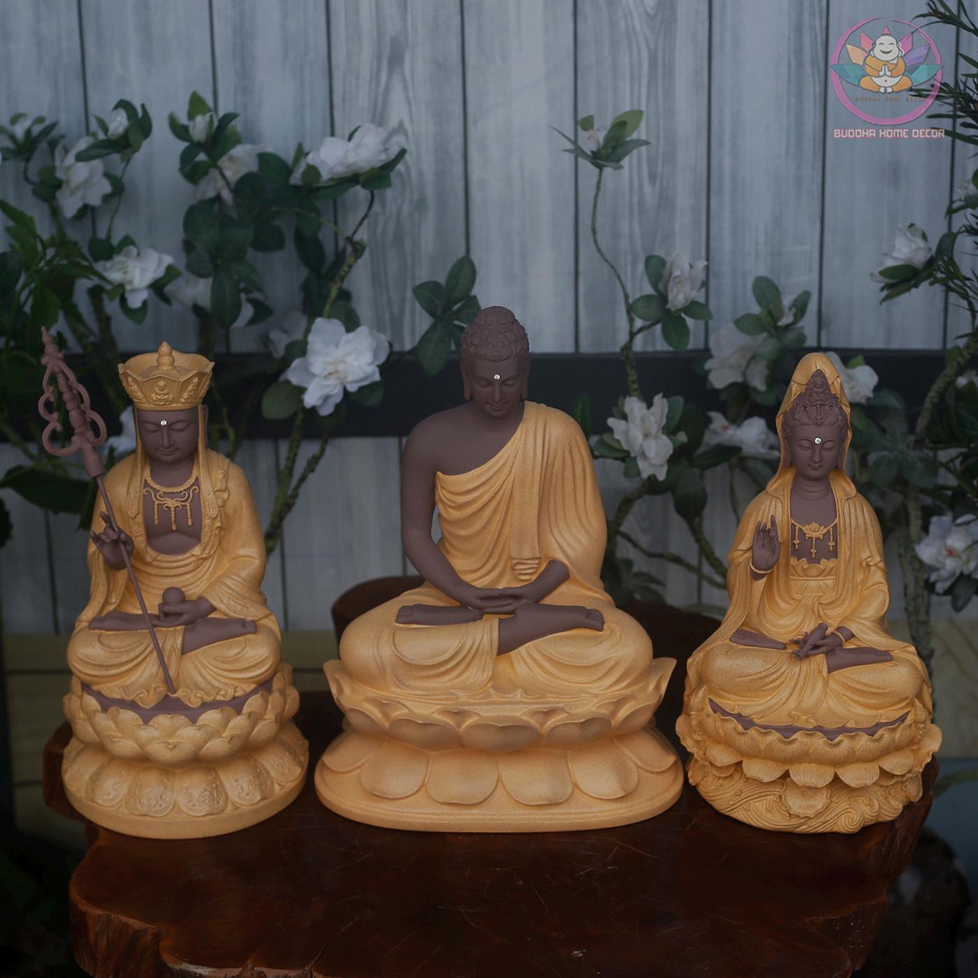 Buddhist Enlightened Trinity Statue Set – Shakyamuni Buddha, Ksitigarbha, and Avalokiteshvara – Stone Finish, 3 Piece Zen Sculpture Set