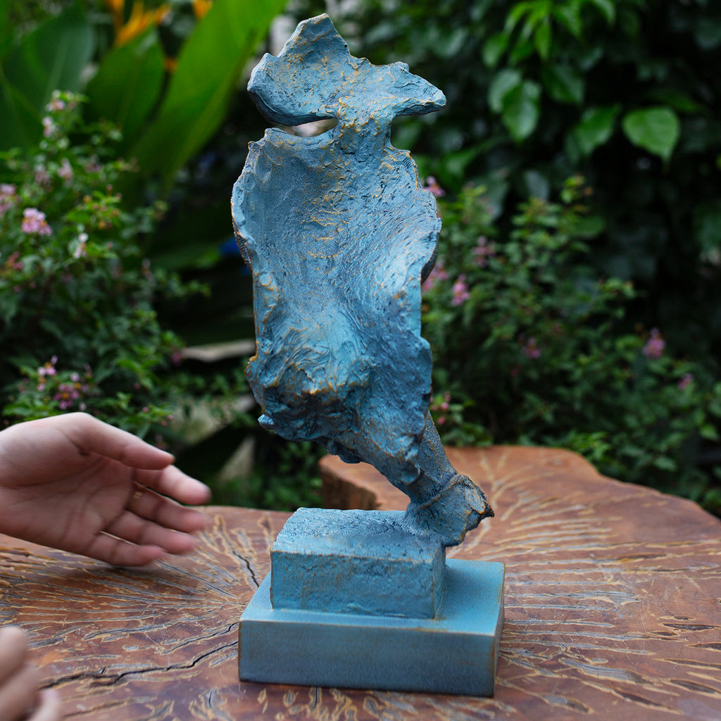 Abstract Silence Face Sculpture: Blue & Gold Resin Modern Art