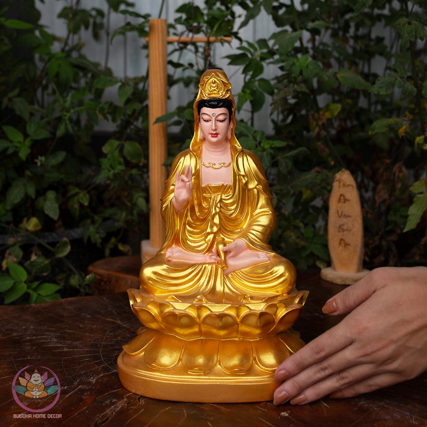 Golden Guanyin Buddha Statue – 30cm (11.8 inches) Resin & Stone Powder Figurine | Kwan Yin of Mercy | Meditation Altar Decor